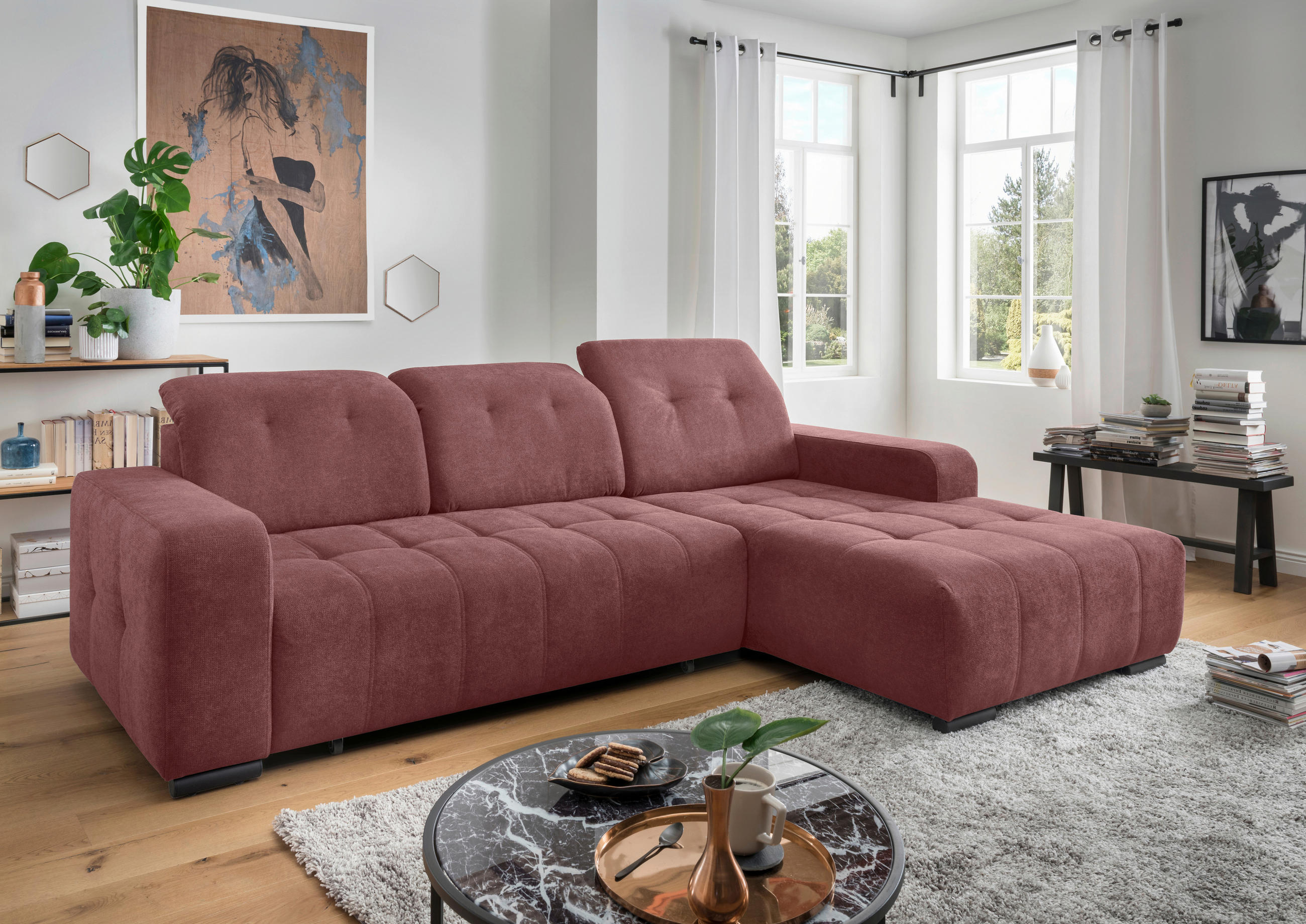 ECKSOFA VICARI Rosa Mikrofaser Kopfteilverstellung, Sitzvorzug  - Schwarz/Rosa, MODERN, Textil/Metall (292/185cm) - Livetastic