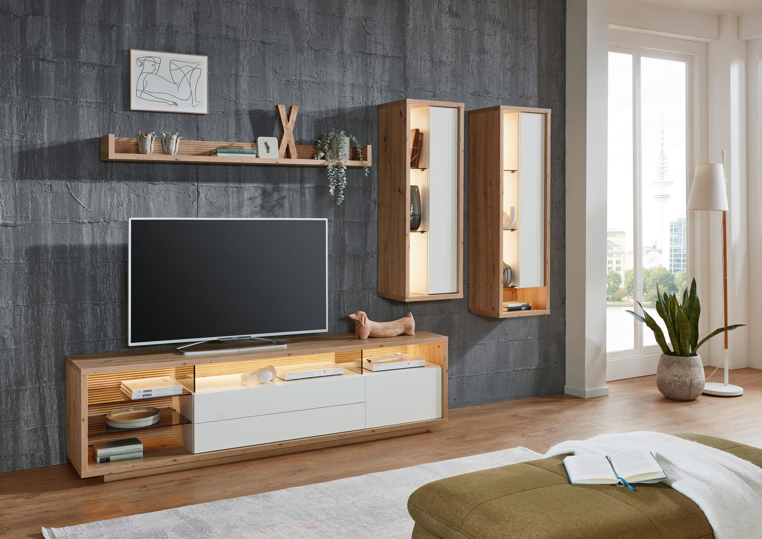 WOHNWAND  in Weiss, Eiche Artisan 300/183,6/42 cm  - Weiss/Eiche Artisan, Design, Glas/Holzwerkstoff (300/183,6/42cm) - Stylife