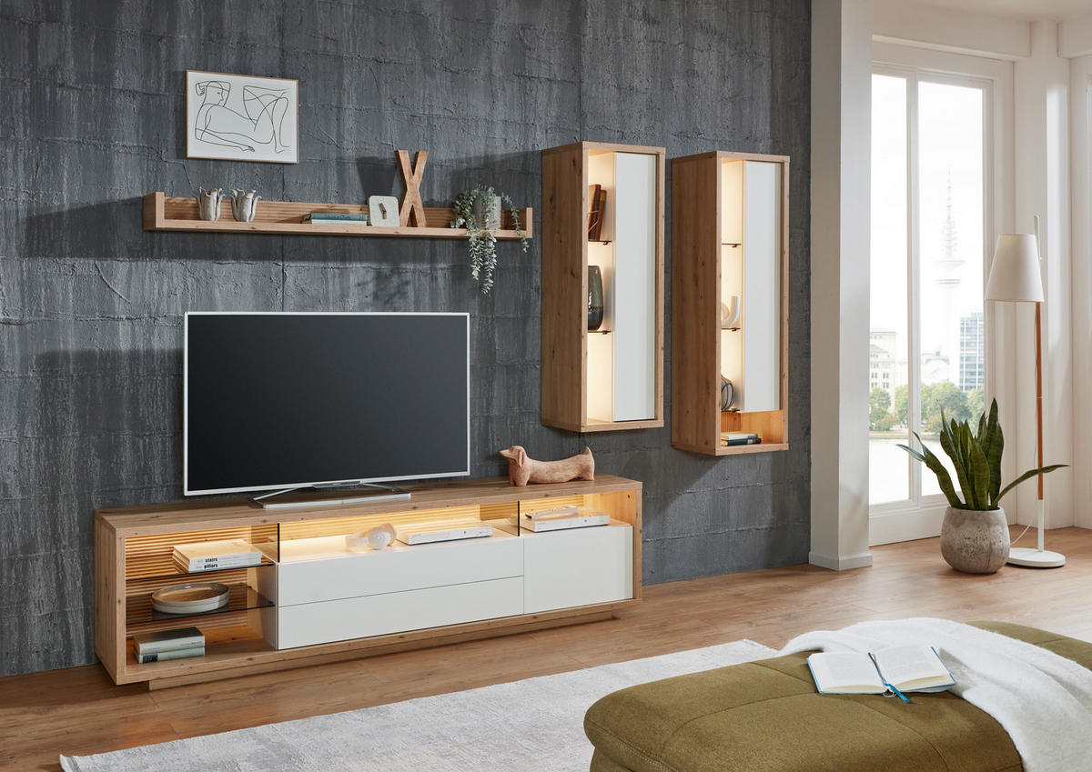 WOHNWAND  in Weiss, Eiche Artisan 300/183,6/42 cm  - Weiss/Eiche Artisan, Design, Glas/Holzwerkstoff (300/183,6/42cm) - Stylife