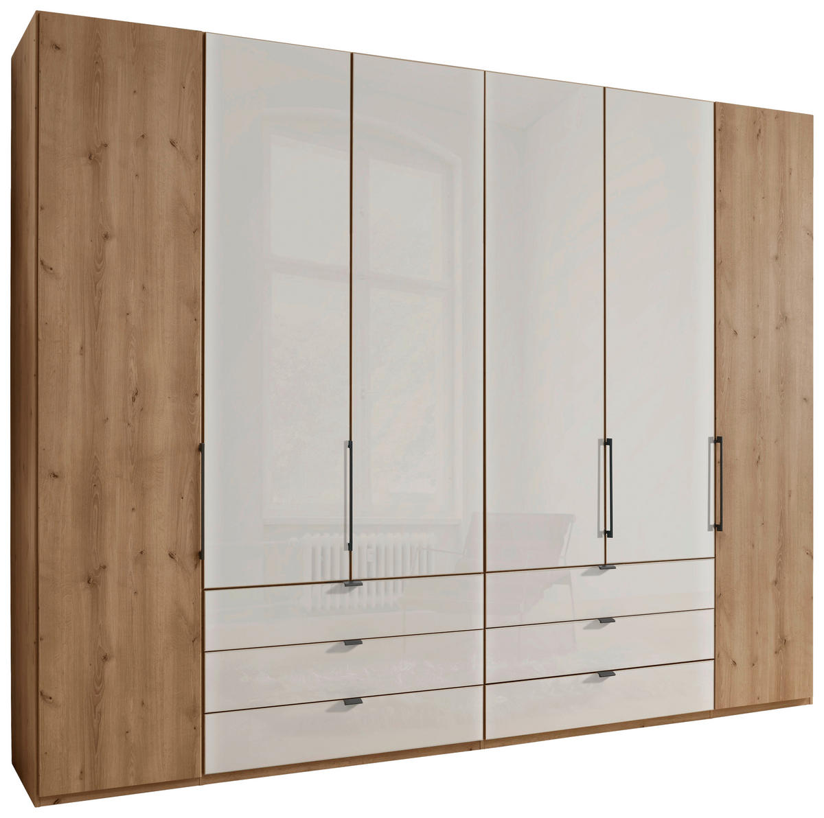 FALTTÜRENSCHRANK 300/216/58 cm 4-türig Champagner, Eiche Bianco  - Schieferfarben/Eiche Bianco, KONVENTIONELL, Glas/Holzwerkstoff (300/216/58cm) - Dieter Knoll