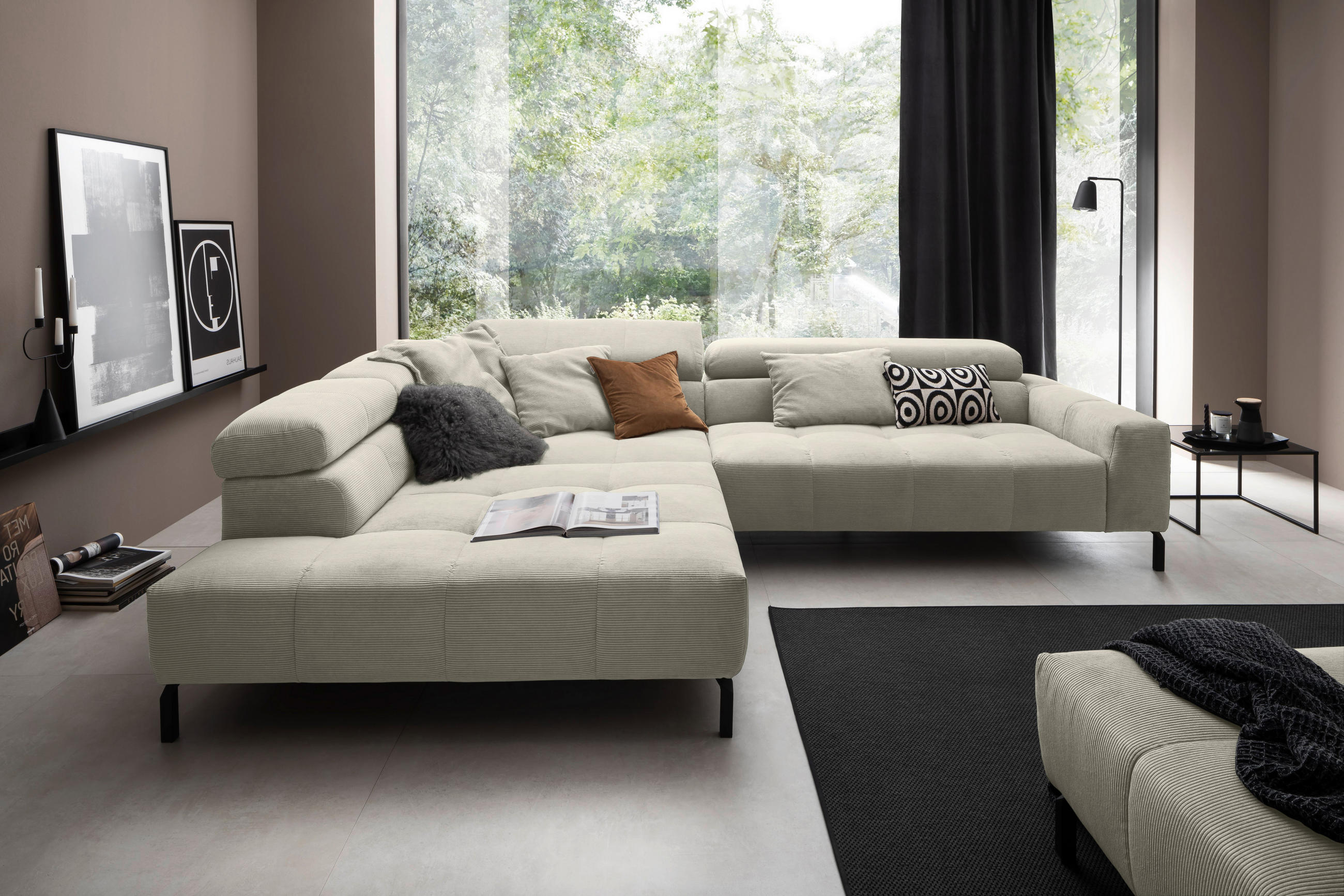 ECKSOFA Naturfarben Cord  - Schwarz/Naturfarben, KONVENTIONELL, Textil/Metall (219/311cm) - Hom`in
