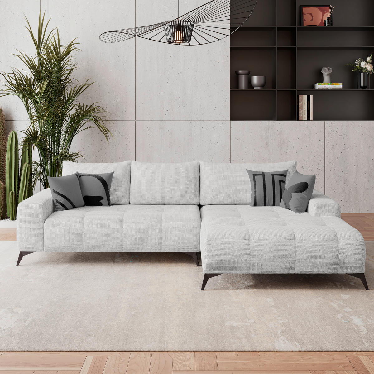 ECKSOFA MAURO Creme Flachgewebe  - Creme/Schwarz, Trend, Textil/Metall (290/175cm) - MID.YOU