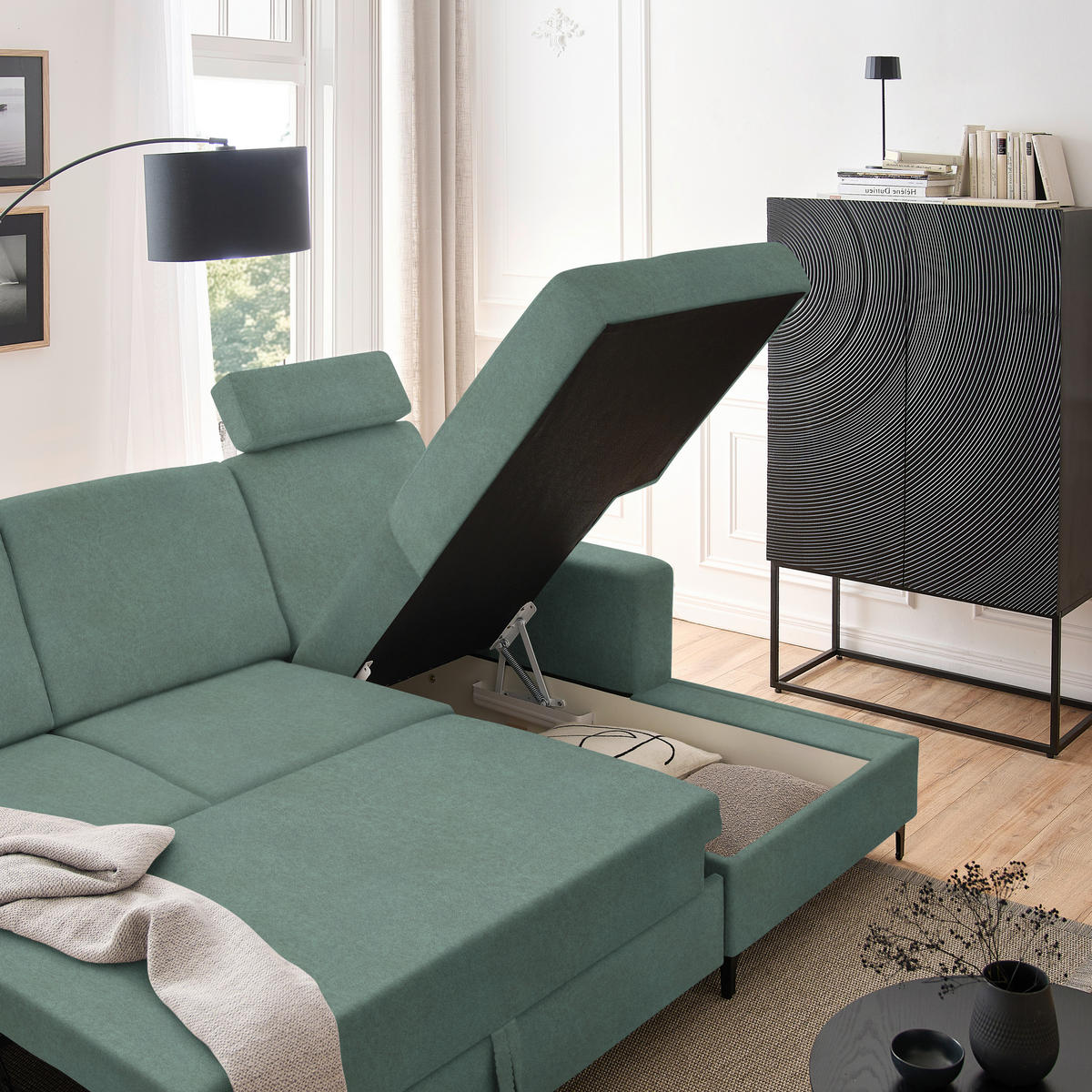 ECKSOFA Mintgrün Velours  - Schwarz/Mintgrün, KONVENTIONELL, Textil/Metall (247/167cm) - Stylife