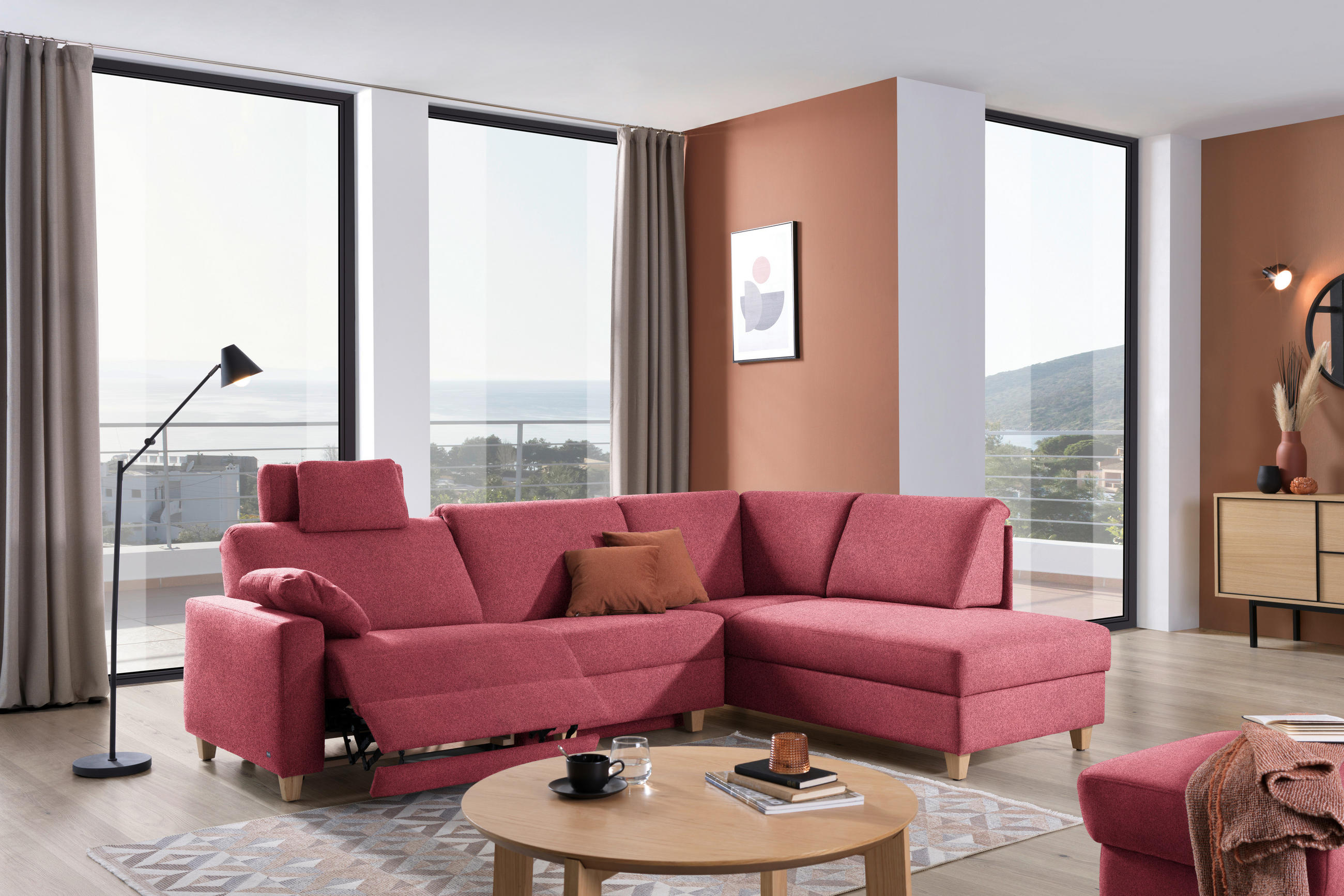 ECKSOFA in Flachgewebe Bordeaux  261/203 cm  - Eichefarben/Bordeaux, KONVENTIONELL, Holz/Textil (261/203cm) - Sedda
