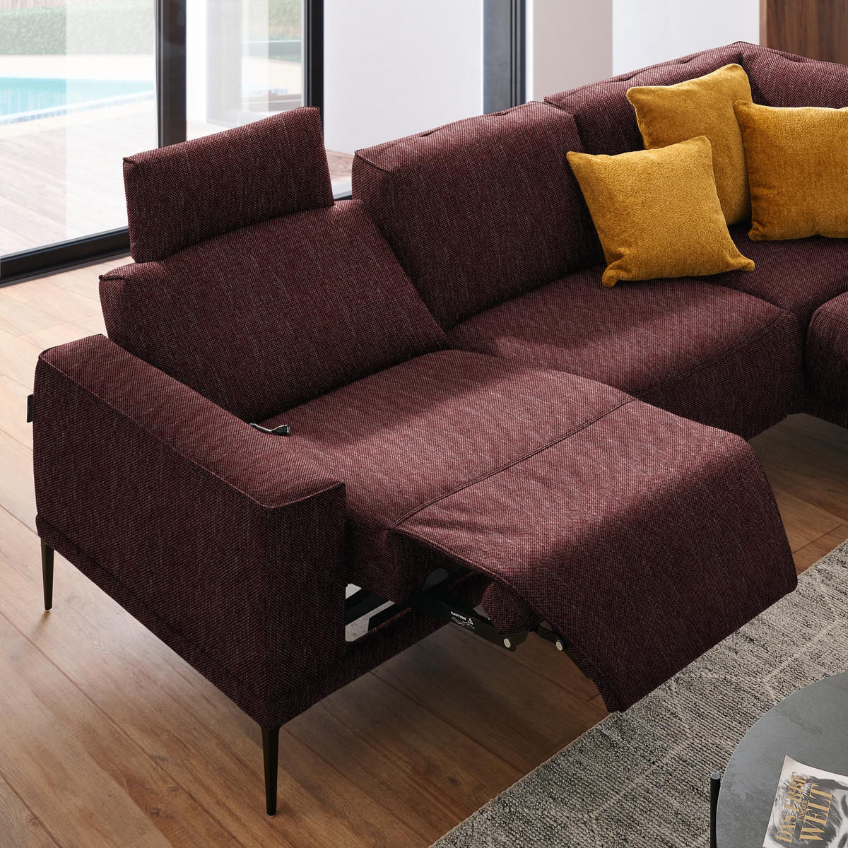 ECKSOFA in Flachgewebe Weinrot  - Weinrot/Schwarz, Design, Textil/Metall (260/210cm) - Johann Jakob