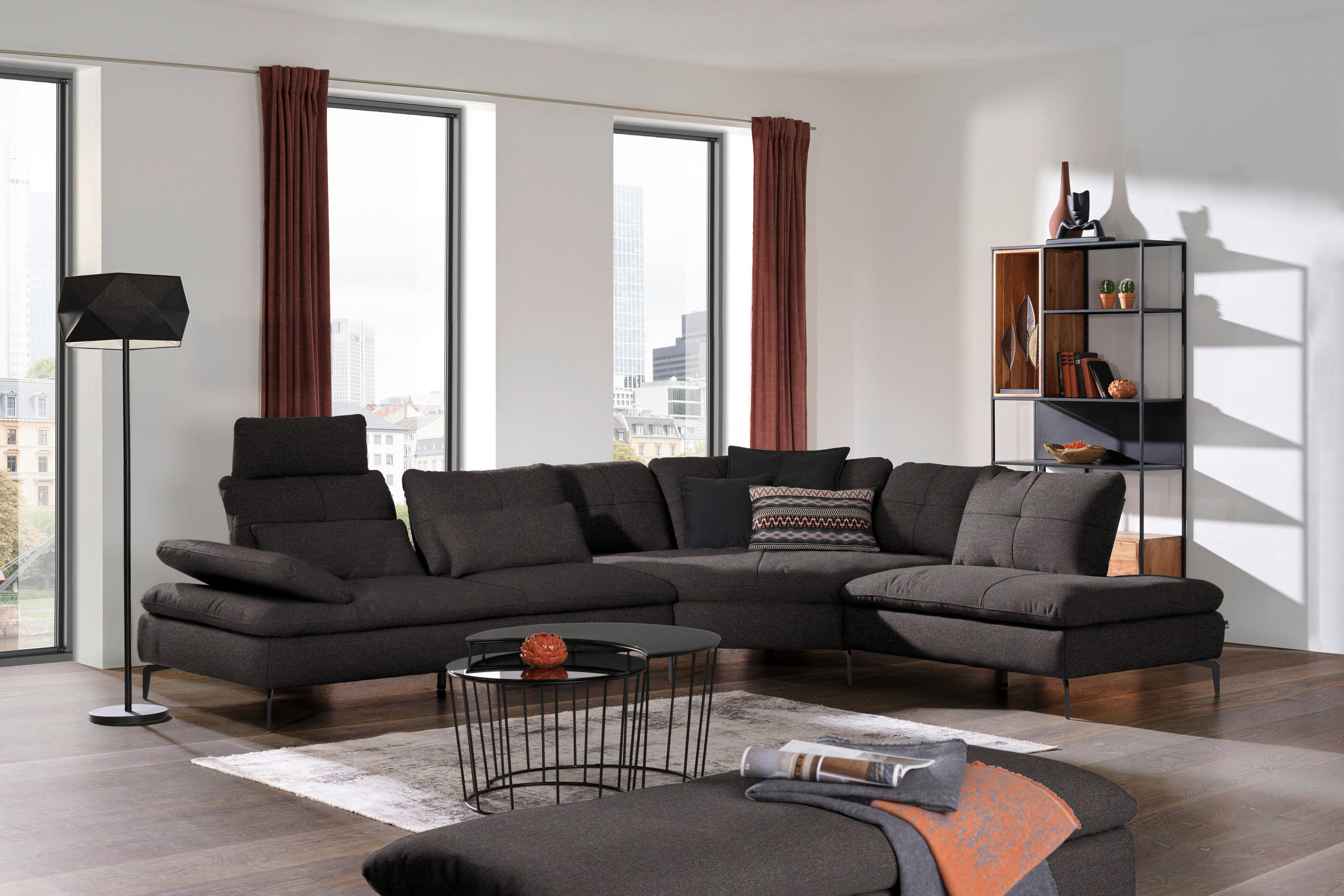 ECKSOFA in Flachgewebe Schwarz  - Schwarz, Design, Textil/Metall (344/271cm) - Chilliano