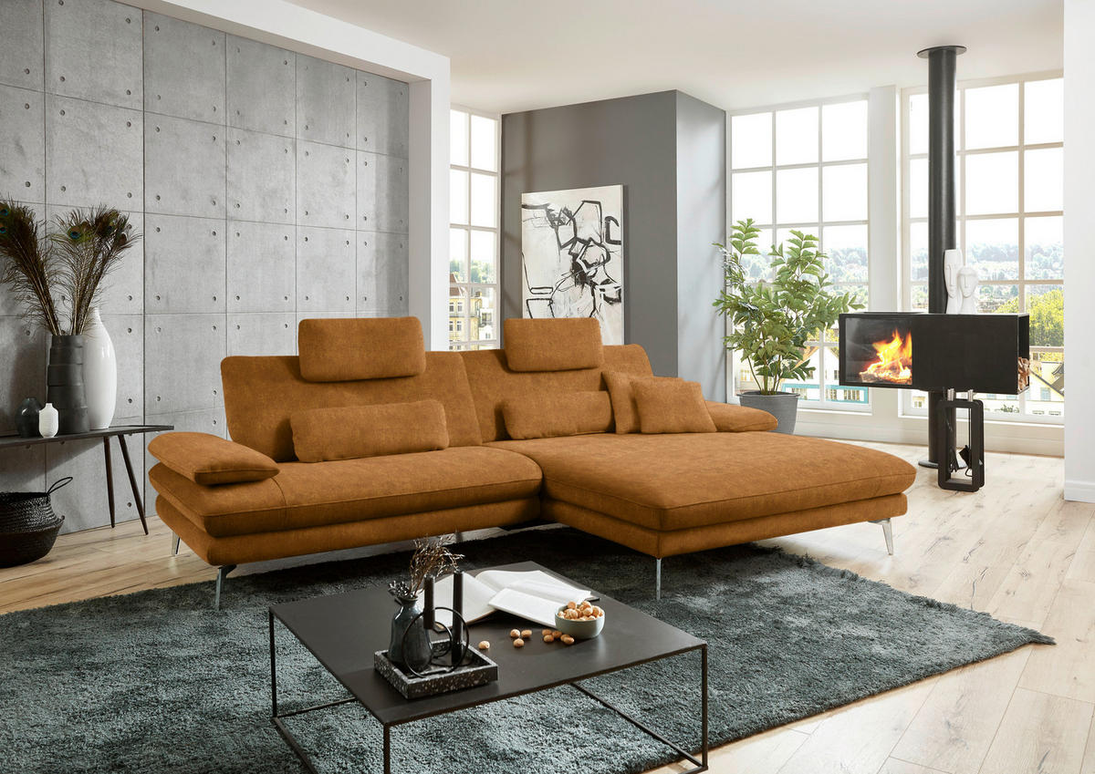 ECKSOFA in Velours Cognac  - Cognac/Schwarz, Design, Textil/Metall (284/184cm) - Dieter Knoll