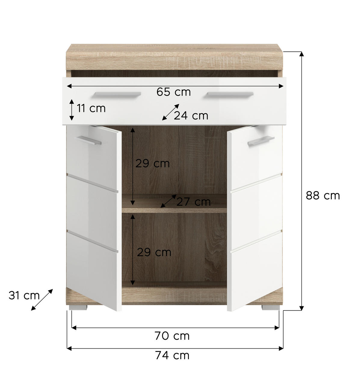 MIDISCHRANK 74/88/31 cm  - Weiss Hochglanz/Eichefarben, Modern, Holzwerkstoff/Kunststoff (74/88/31cm) - MID.YOU