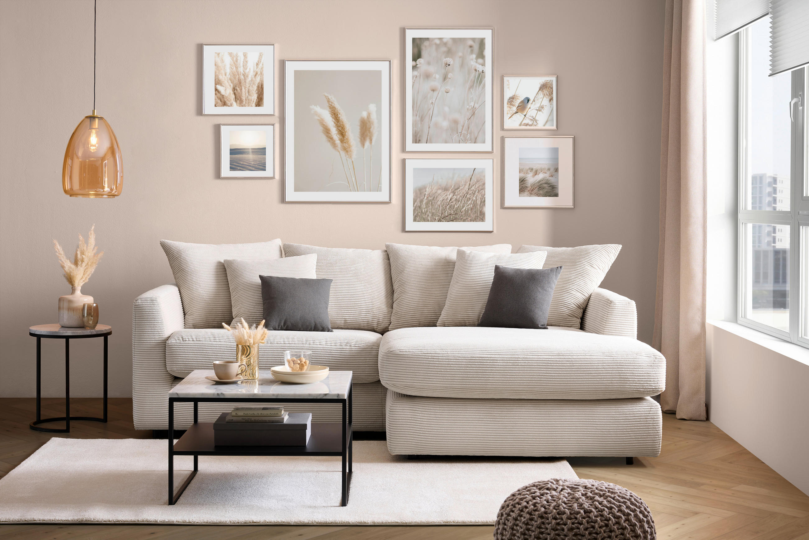 ECKSOFA Naturfarben Cord - Schwarz/Naturfarben, Design, Kunststoff/Textil (235/175cm) - home24