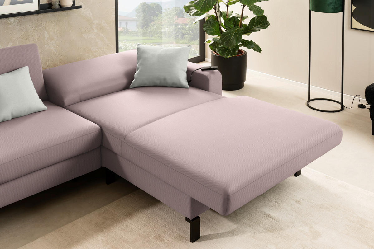ECKSOFA  in Cord Rosa Rücken echt, Sitztiefenverstellung  298/185 cm  - Schwarz/Rosa, Design, Textil/Metall (298/185cm) - Pure Home Lifestyle