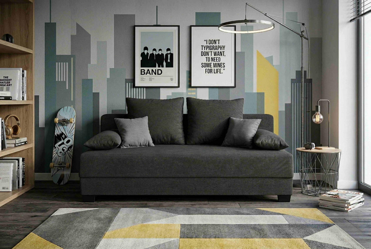 SCHLAFSOFA Webstoff Schwarz  inkl. Zierkissen, Rückenkissen, Armlehnenkissen, Schlaffunktion, Rücken echt, Stauraum  - Schwarz/Rosa, Design, Kunststoff/Textil (200/90/110cm) - P & B