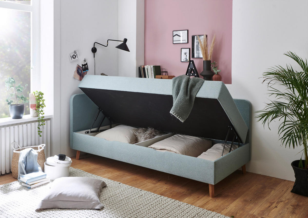LIEGE Flachgewebe Hellblau  - Eichefarben/Hellblau, Design, Holz/Textil (120/200cm) - home24
