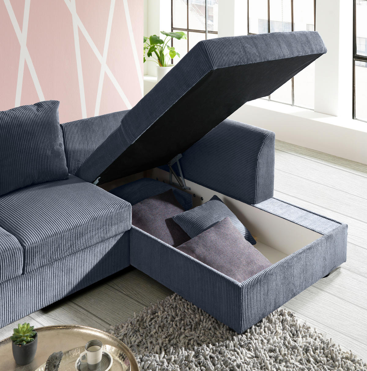 ECKSOFA in Cord Grau  - Schwarz/Grau, Design, Kunststoff/Textil (259/174cm) - Cantus