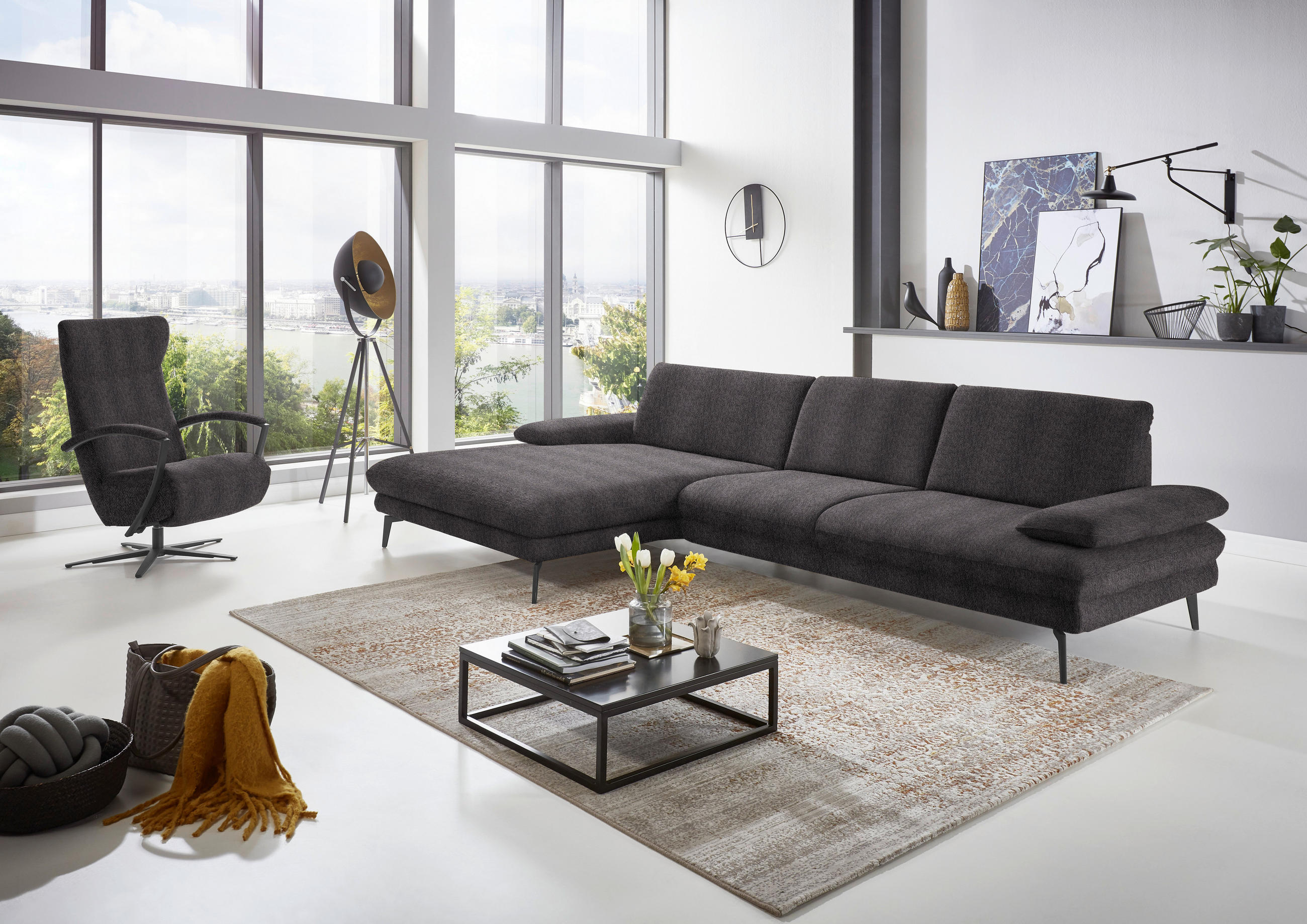 ECKSOFA in Chenille Anthrazit  - Anthrazit/Schwarz, Design, Textil/Metall (180/310cm) - Dieter Knoll