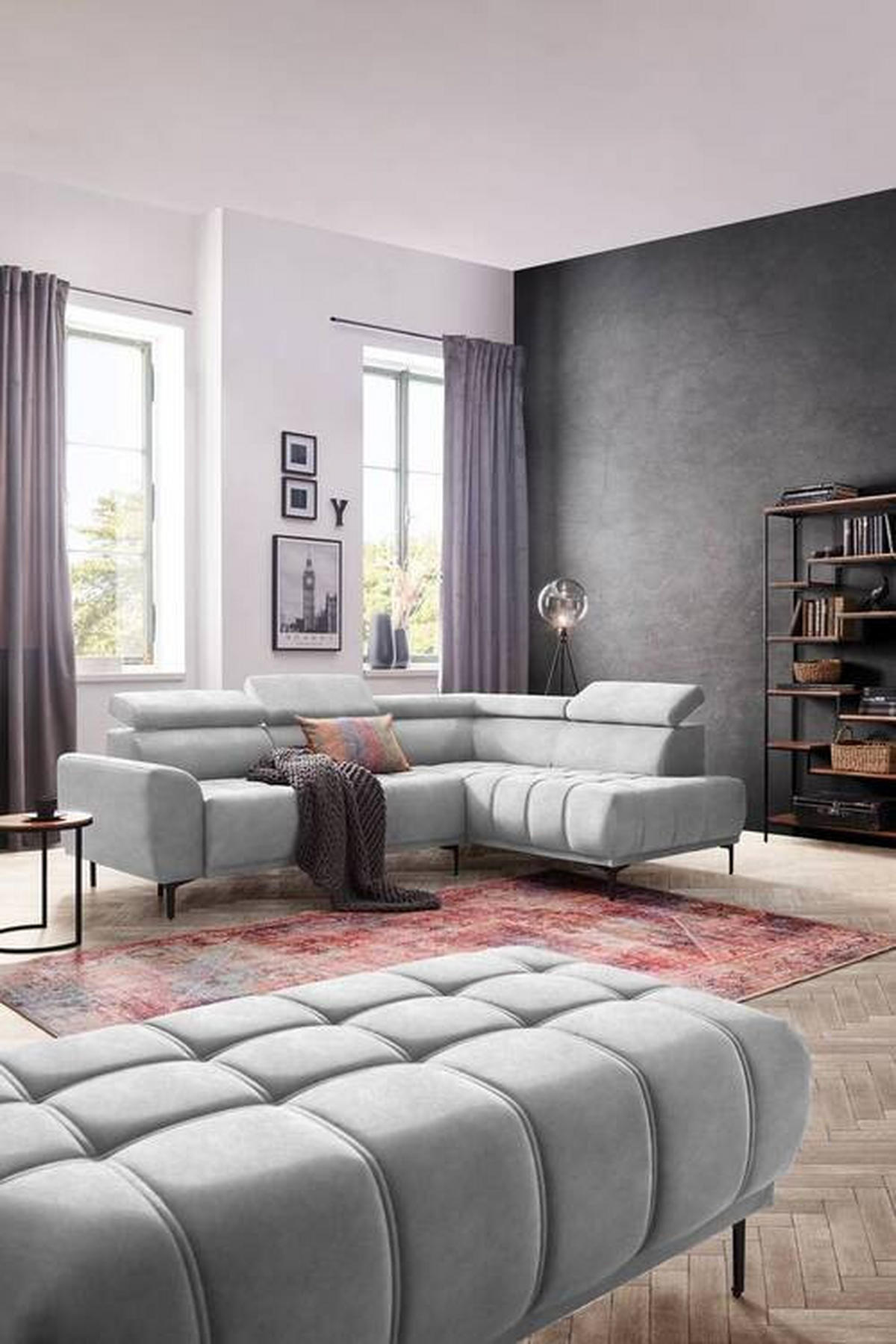 ECKSOFA Hellgrau Velours  - Hellgrau/Schwarz, Design, Textil/Metall (261/191cm) - Stylife
