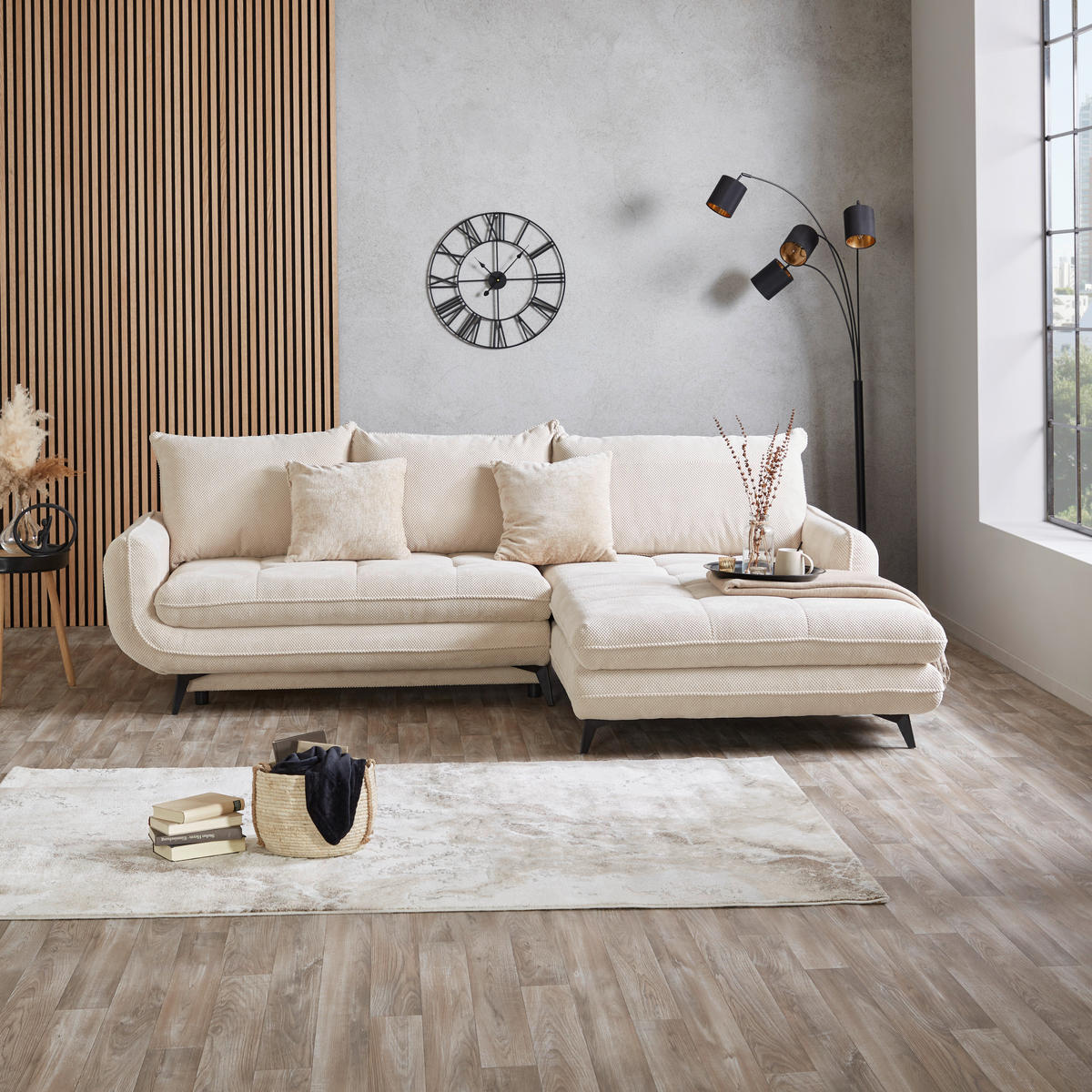 ECKSOFA WAVE Creme Struktur  - Beige/Creme, MODERN, Textil/Metall (266/189cm) - MID.YOU