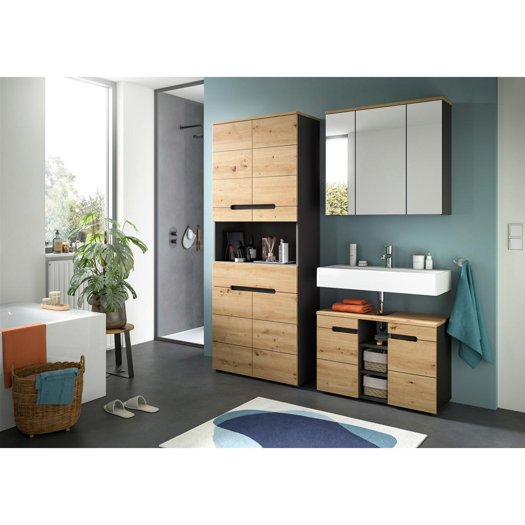 Thumbnail - Mid.you Hochschrank, Dunkelgrau, Eiche Artisan, Holzwerkstoff, 2 Fächer, 1 Schubladen, 76x193x34 cm, FSC Mix, Badezimmer...