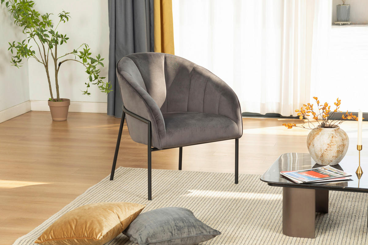 SESSEL in Samt Grau  - Schwarz/Grau, Design, Textil/Metall (71/84/69cm) - Livetastic
