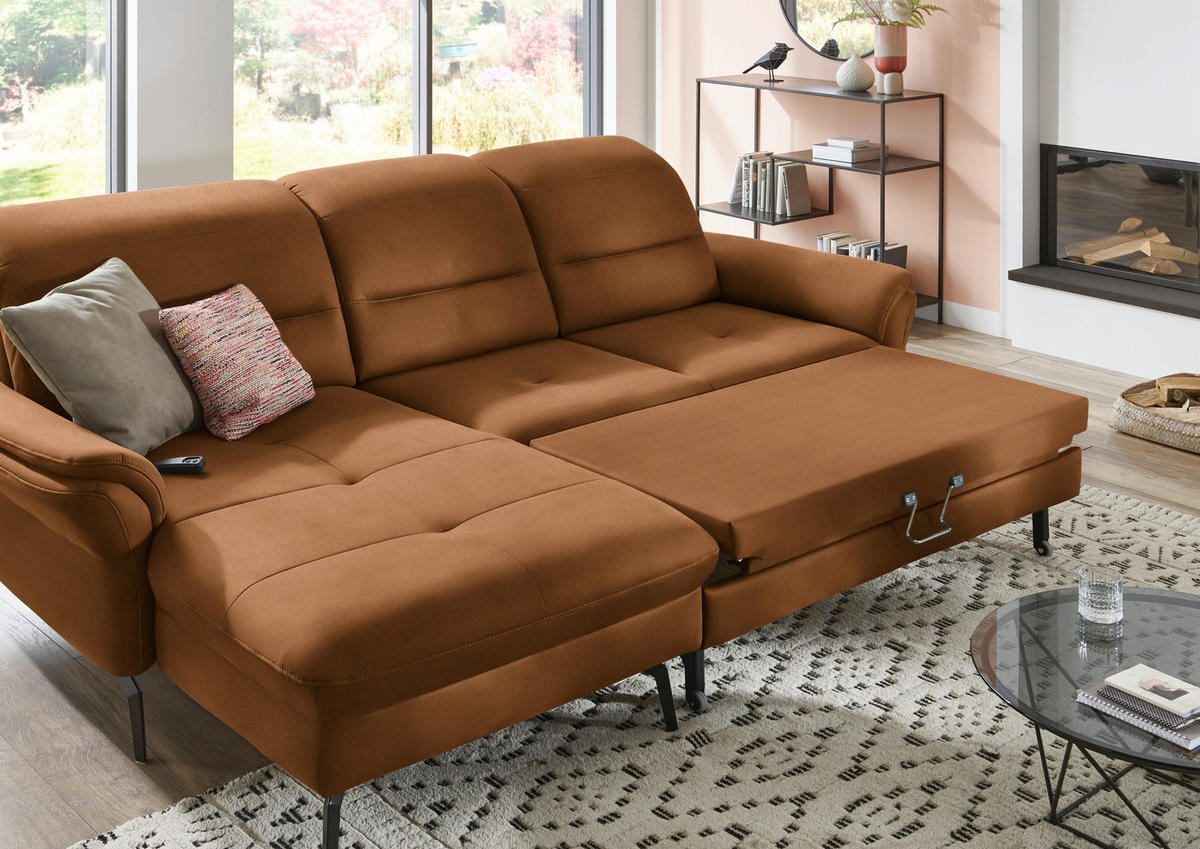 ECKSOFA in Flachgewebe Cognac  - Cognac/Schwarz, Konventionell, Textil/Metall (181/260cm) - Beldomo Speed