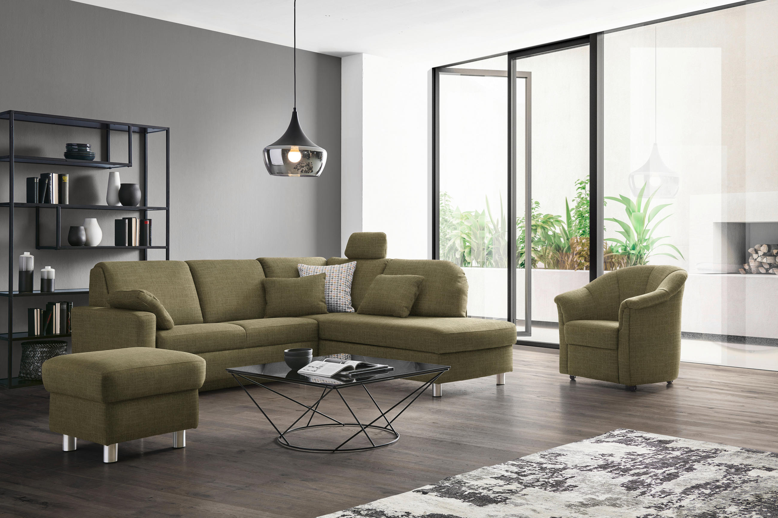 ECKSOFA in Chenille Olivgrün  227/208 cm  - Alufarben/Olivgrün, KONVENTIONELL, Textil/Metall (227/208cm) - Sedda