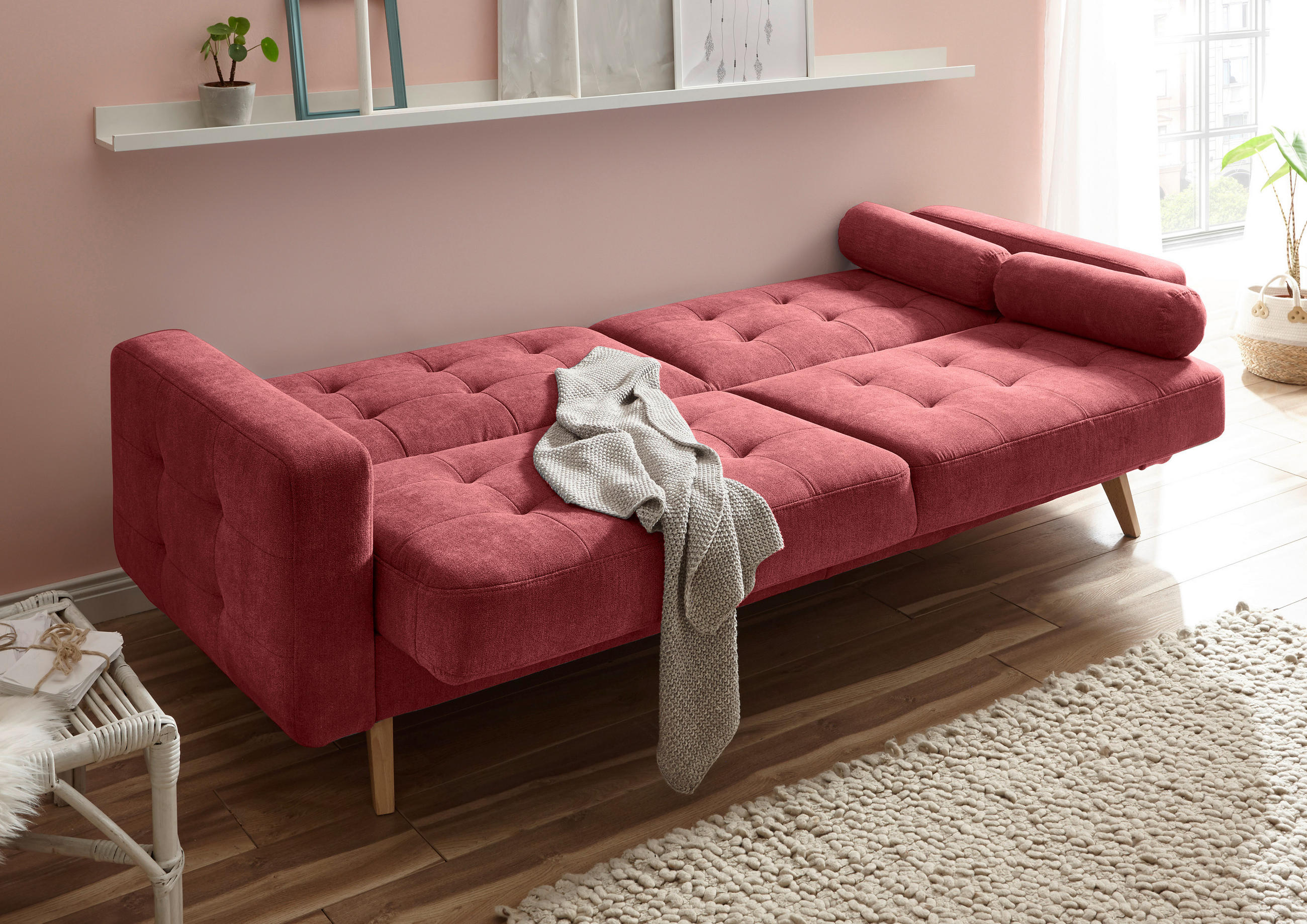 SCHLAFSOFA Mikrovelours Beere  - Eichefarben/Beere, MODERN, Holz/Textil (222/86/90cm) - MID.YOU