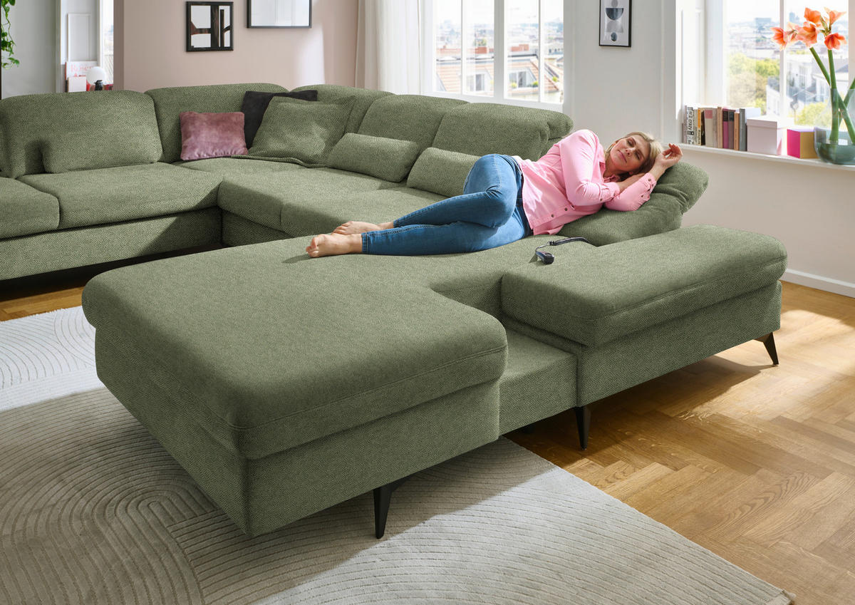 WOHNLANDSCHAFT Chenille Olivgrün  - Schwarz/Olivgrün, Design, Textil/Metall (255/364/198cm) - Beldomo Style