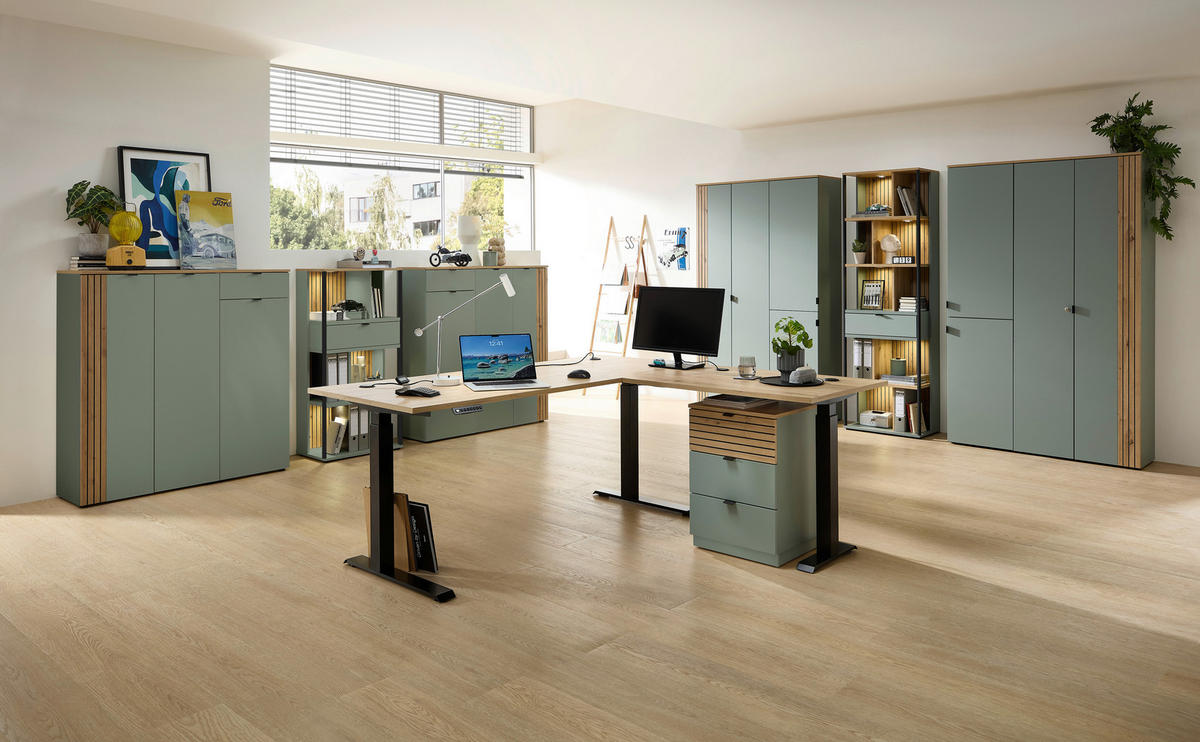 SCHREIBTISCH 150/77/73 cm Schwarz, Eiche Artisan, Schilfgrün  - Schilfgrün/Schwarz, KONVENTIONELL, Holzwerkstoff/Metall (150/77/73cm) - Voleo