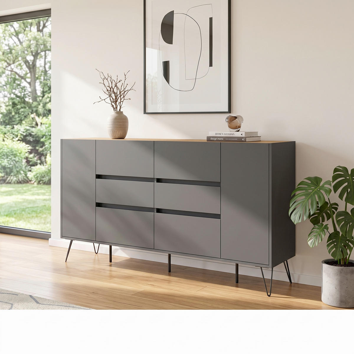SIDEBOARD Posseik Industrial 199/93,6/42 cm 6 Schublade(n)  - Eichefarben/Graphitfarben, Design, Holzwerkstoff/Metall (199/93,6/42cm) - MID.YOU
