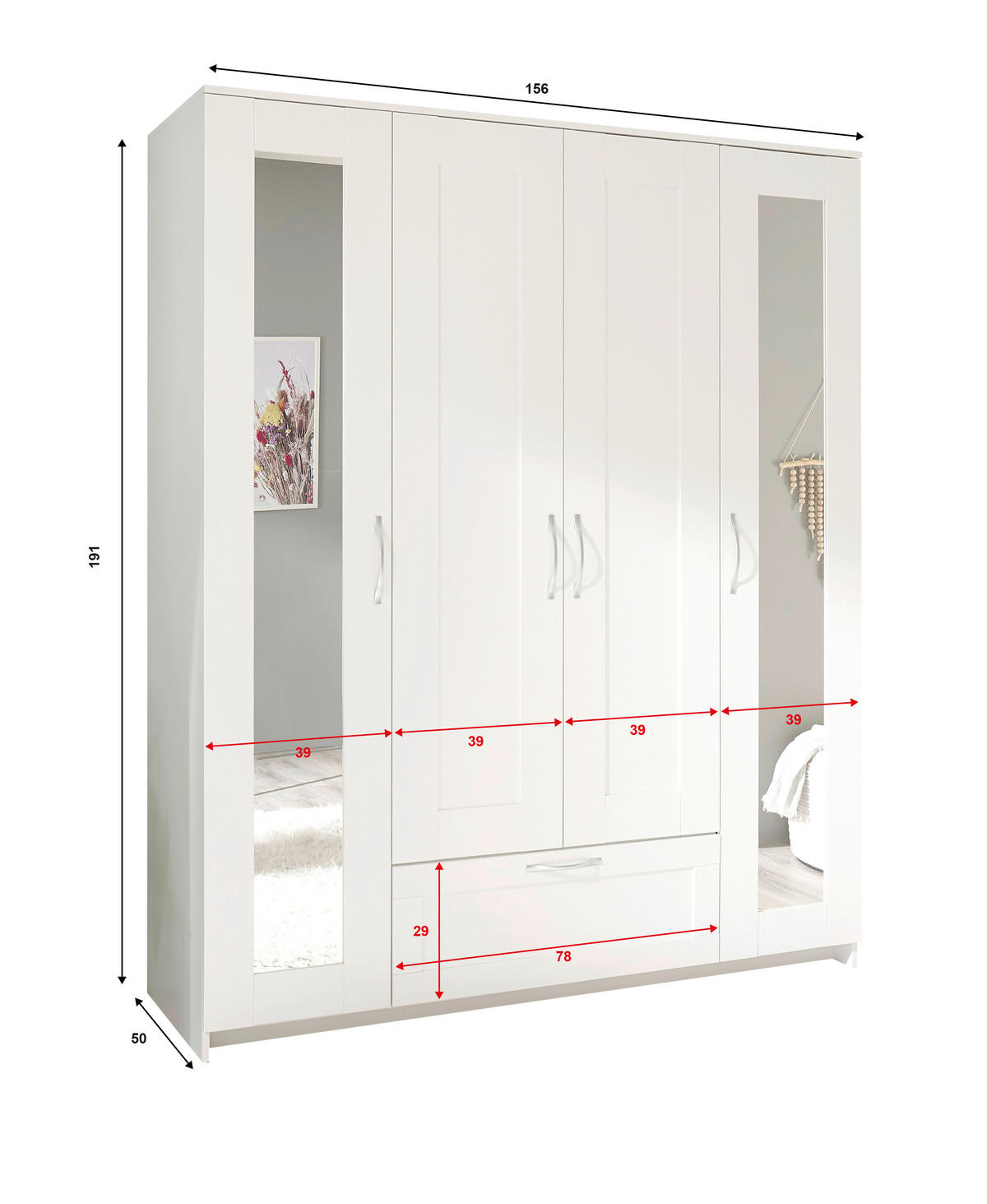 KLEIDERSCHRANK 156/191/50 cm 4-türig Weiß  - Alufarben/Weiß, KONVENTIONELL, Glas/Holzwerkstoff (156/191/50cm) - Boxxx