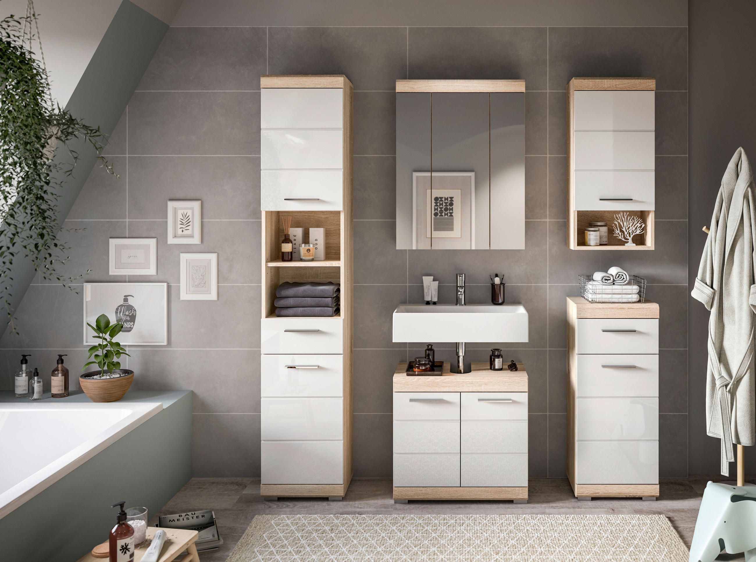BADEZIMMER 5-teilig in 134 cm - Weiß Hochglanz/Silberfarben, MODERN, Glas/Holzwerkstoff (134cm) - MID.YOU