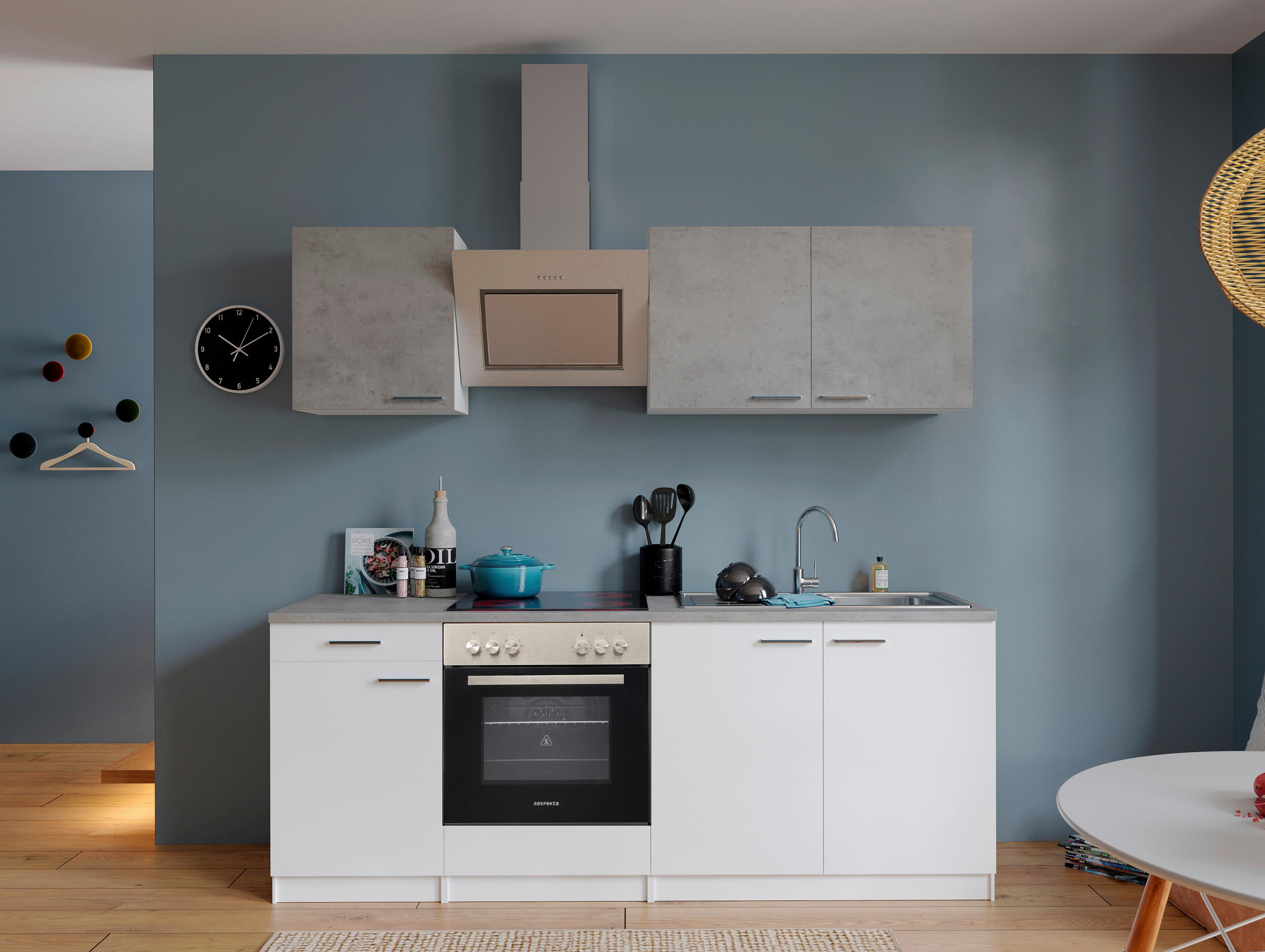 KÜCHENBLOCK 210 cm in Grau, Weiß - Edelstahlfarben/Graphitfarben, Basics, Holzwerkstoff/Metall (210cm) - Respekta