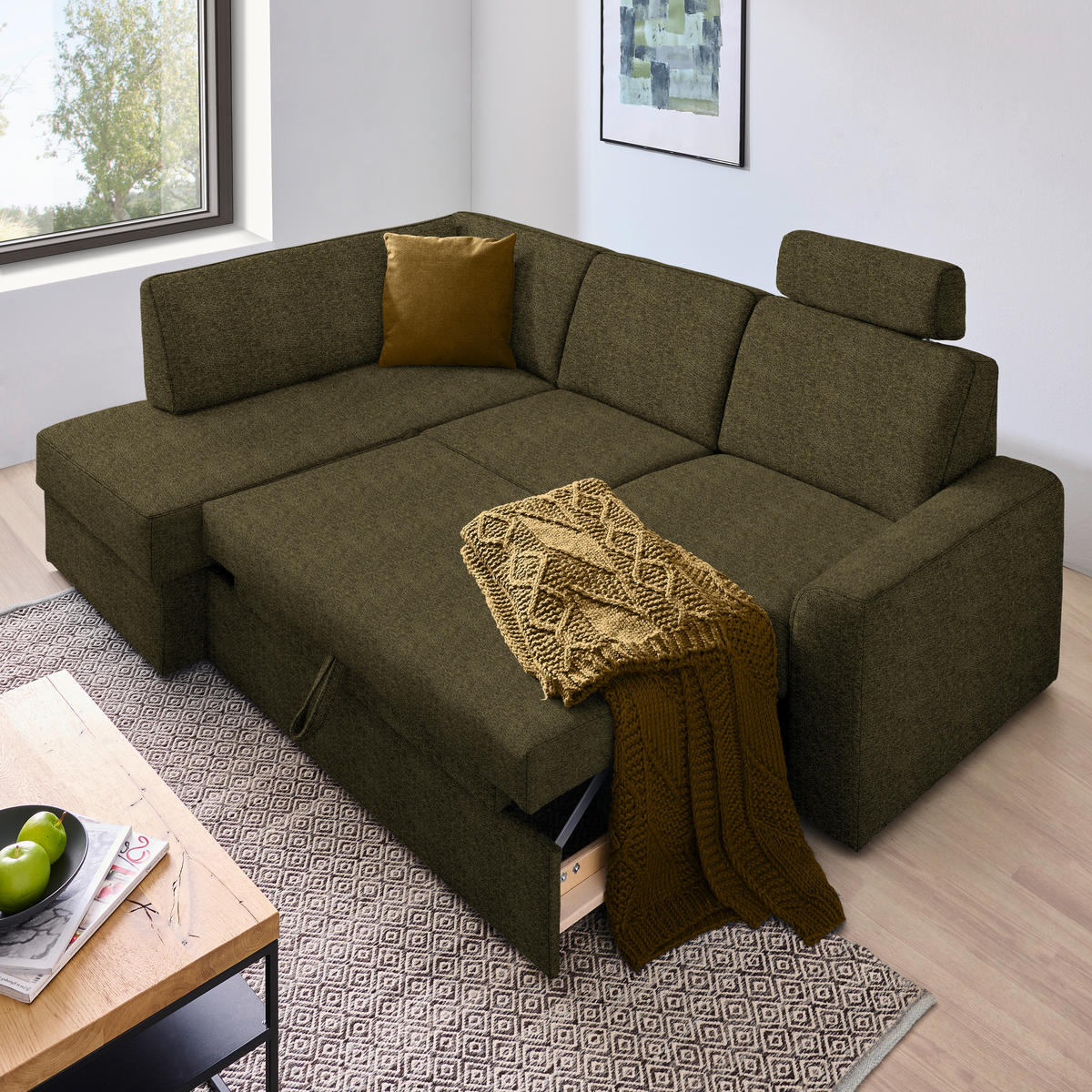 ECKSOFA in Webstoff Olivgrün  165/224 cm  - Schwarz/Olivgrün, KONVENTIONELL, Kunststoff/Textil (165/224cm) - Xora