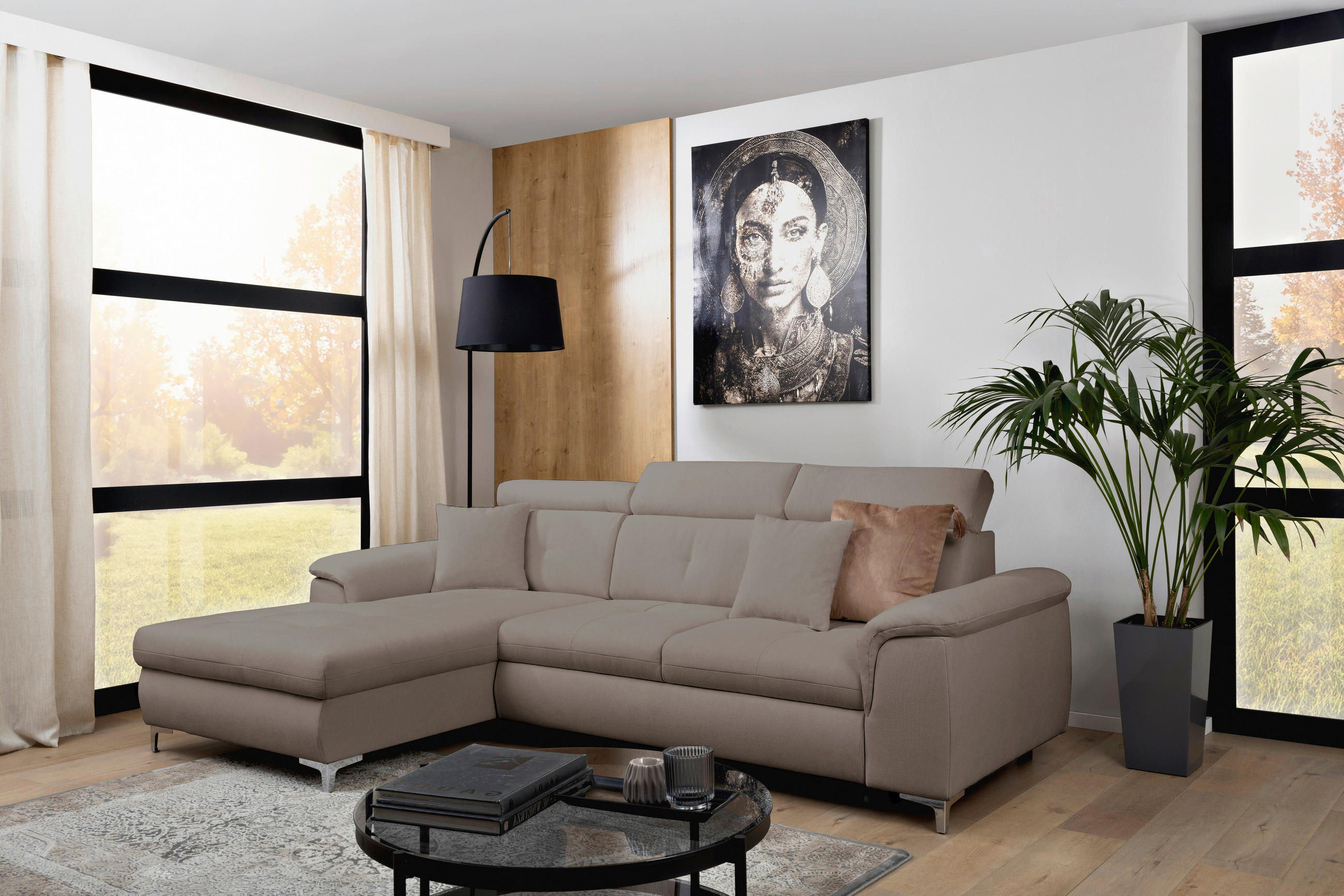 ECKSOFA in Flachgewebe Taupe  - Taupe/Chromfarben, Konventionell, Textil/Metall (175/268cm) - Carryhome