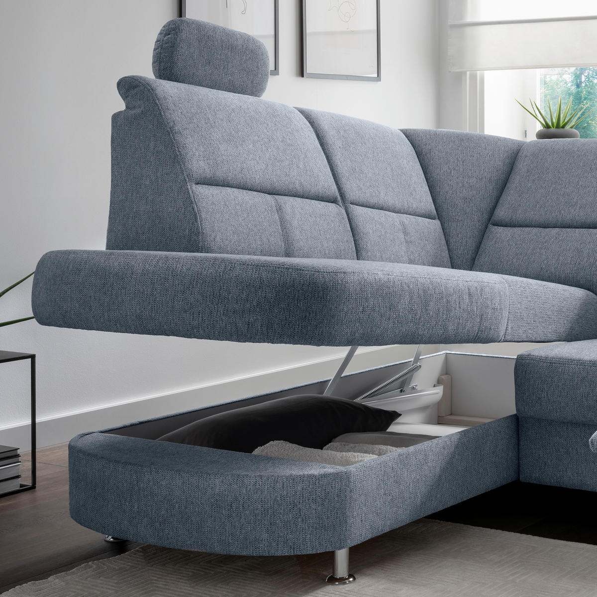 ECKSOFA in Chenille Hellblau  - Chromfarben/Hellblau, Konventionell, Textil/Metall (184/231cm) - Livetastic