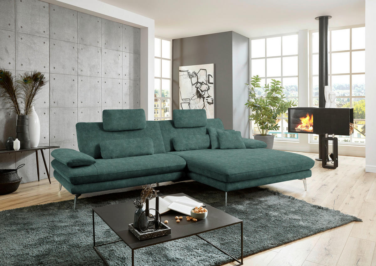 ECKSOFA in Velours Blau, Grün  284/184 cm  - Blau/Schwarz, Design, Textil/Metall (284/184cm) - Dieter Knoll