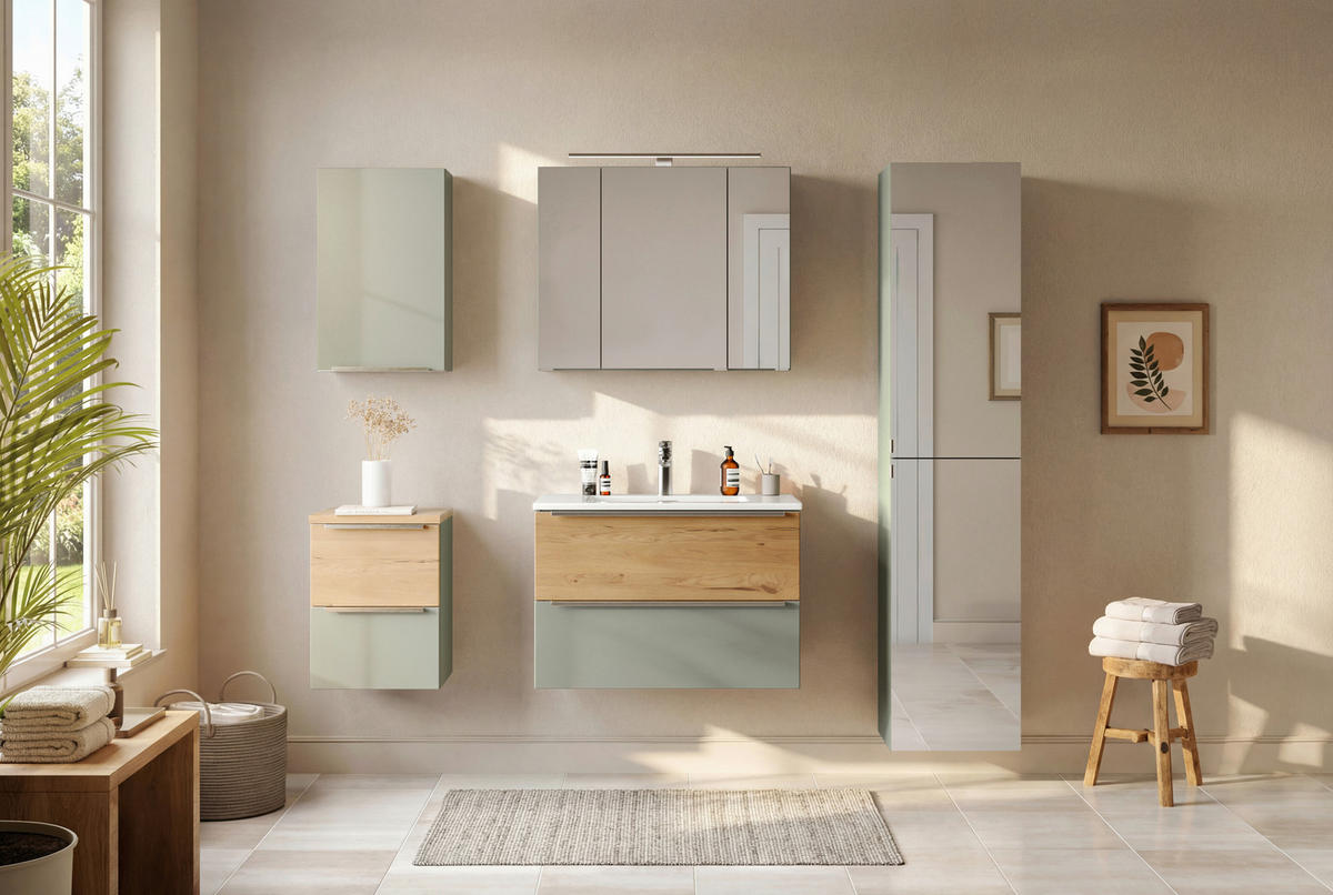 BADEZIMMER 2-teilig  in 80 cm  - Schilfgrün/Wildeiche, Trend, Glas/Holzwerkstoff (80cm) - Held
