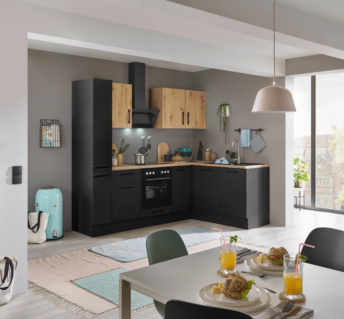 ECKKÜCHE 240/165 cm  in Schwarz, Eiche Artisan  - Chromfarben/Schwarz, Basics, Holzwerkstoff/Metall (240/165cm) - MID.YOU