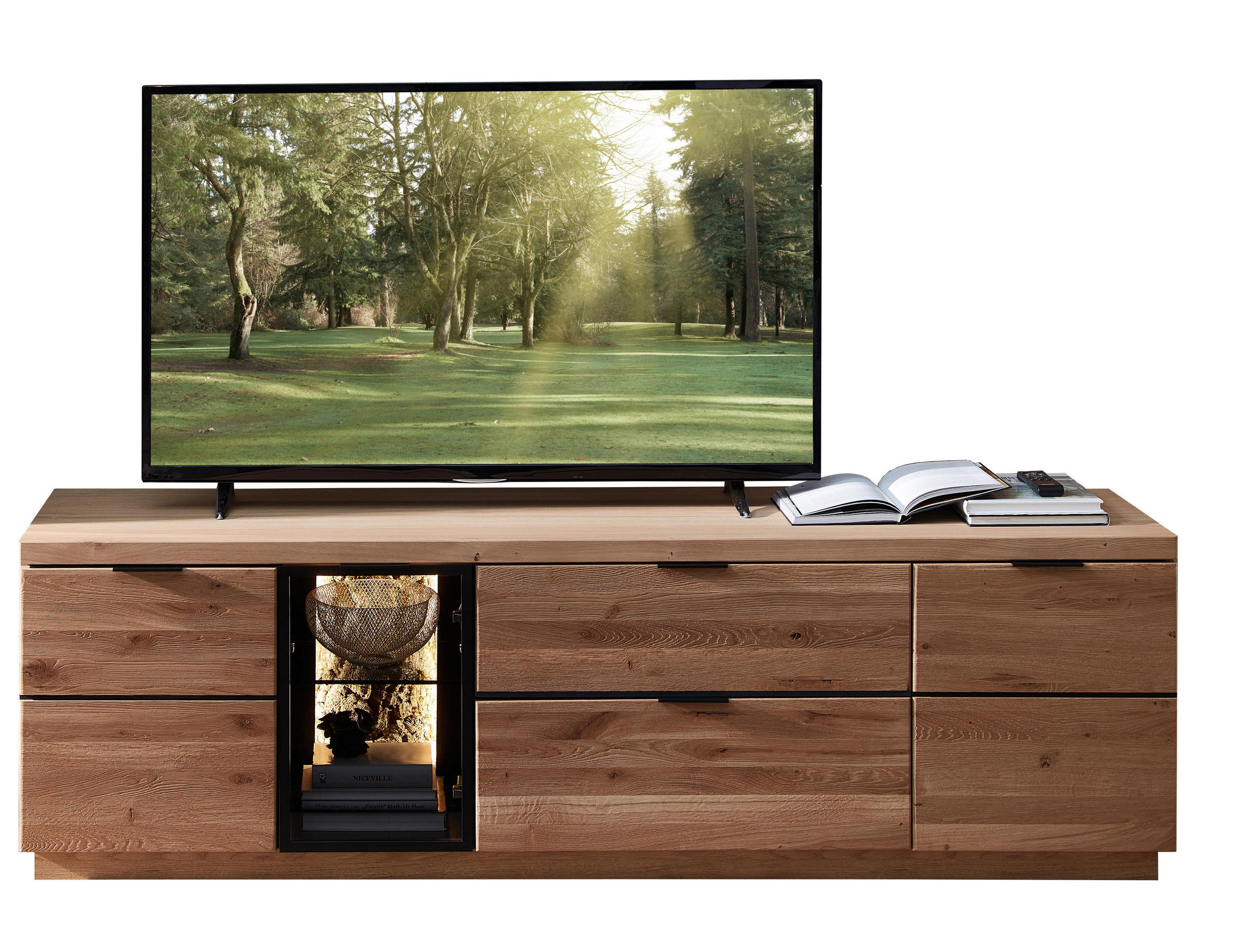 NISKA KOMODA 200/60/50 cm crna, divlji hrast - crna/divlji hrast, Prirodno, staklo/metal (200/60/50cm) - Linea Natura
