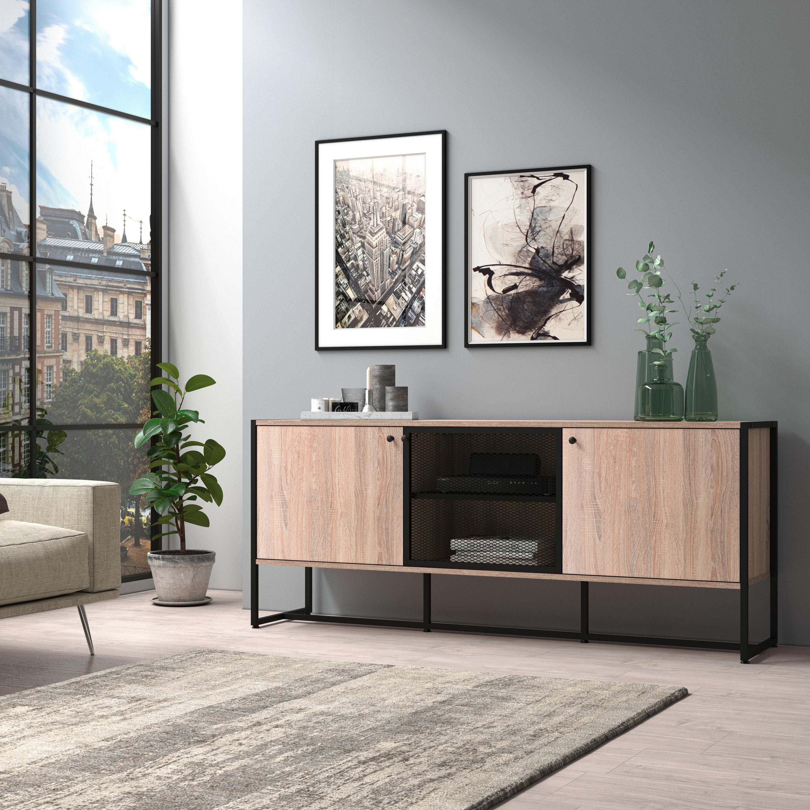 SIDEBOARD Schwarz, Sonoma Eiche Befestigungsmaterial  - Schwarz/Sonoma Eiche, MODERN, Holzwerkstoff/Metall (180/75/41cm) - P & B