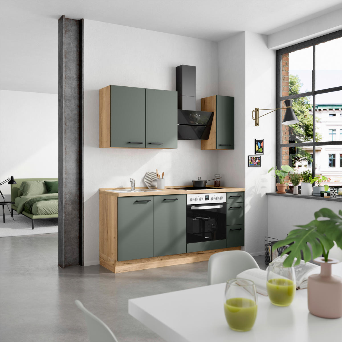 KÜCHENBLOCK Easytouch 180 cm  in Eichefarben, Dunkelgrün  - Dunkelgrün/Eichefarben, MODERN, Holzwerkstoff/Metall (180cm) - Nobilia