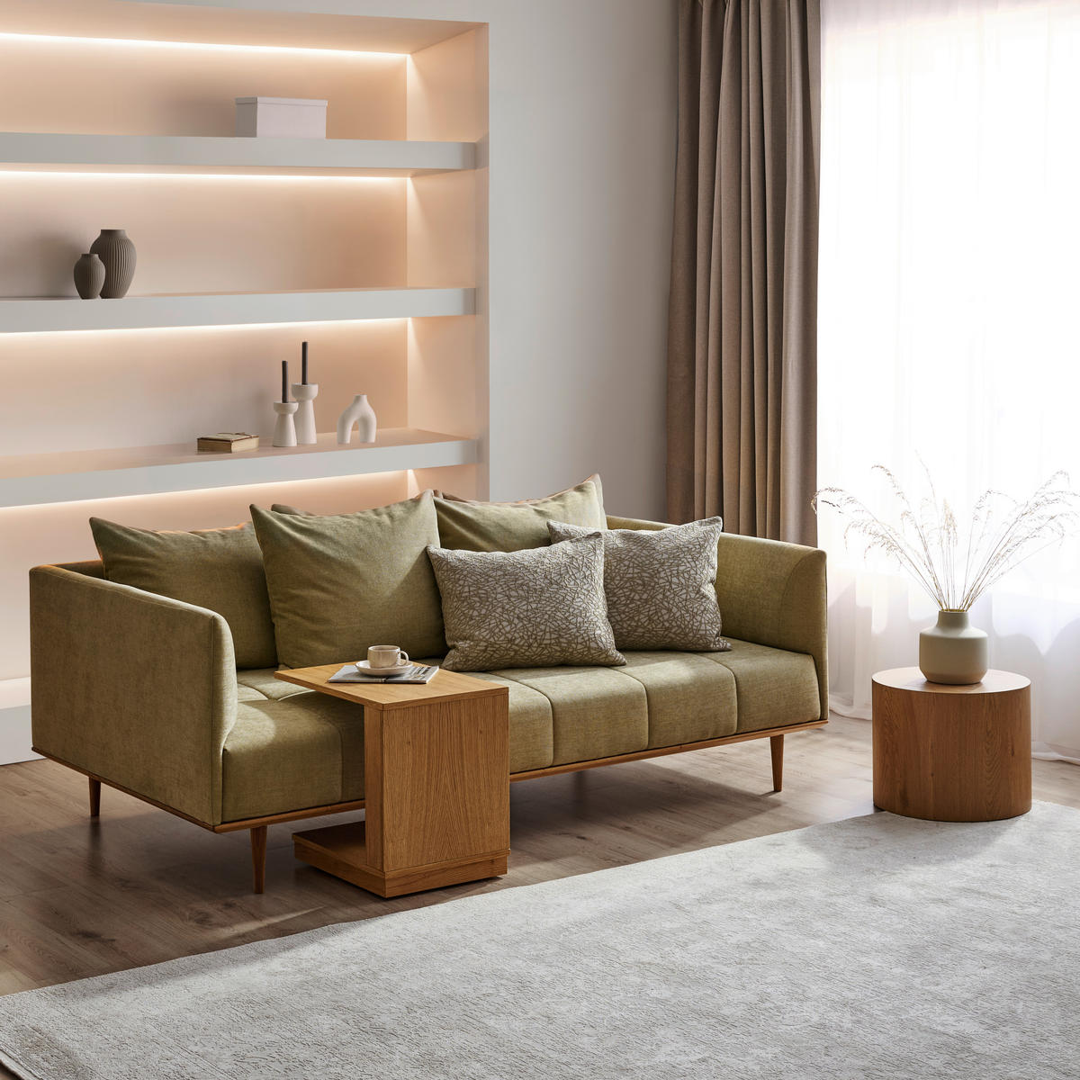 BIGSOFA  in Flachgewebe Grün  - Eichefarben/Grün, Design, Holz/Textil (220/77/120cm) - Joka