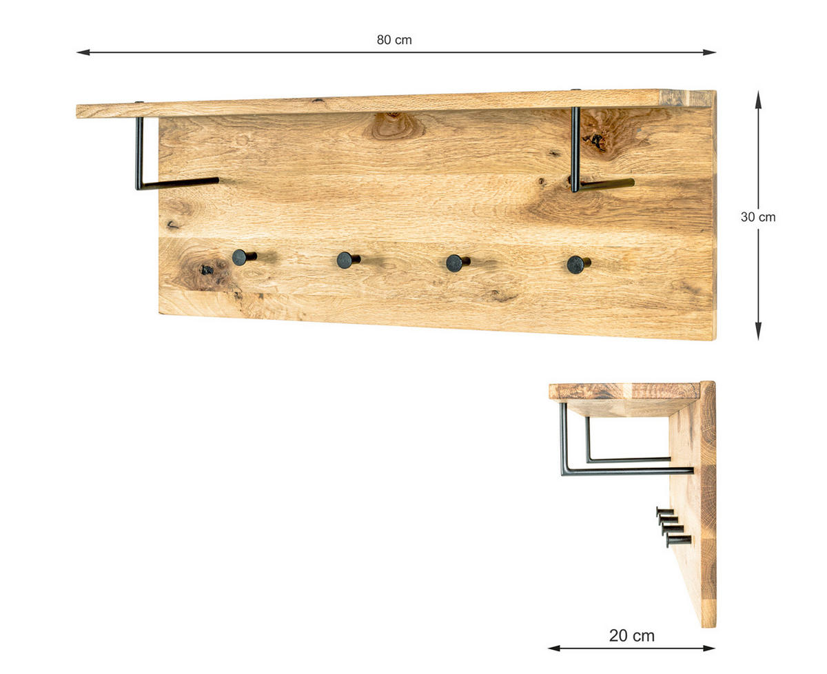 WANDGARDEROBE  in Eiche massiv Schwarz, Eichefarben  - Eichefarben/Schwarz, Basics, Holz/Metall (80/30/20cm)