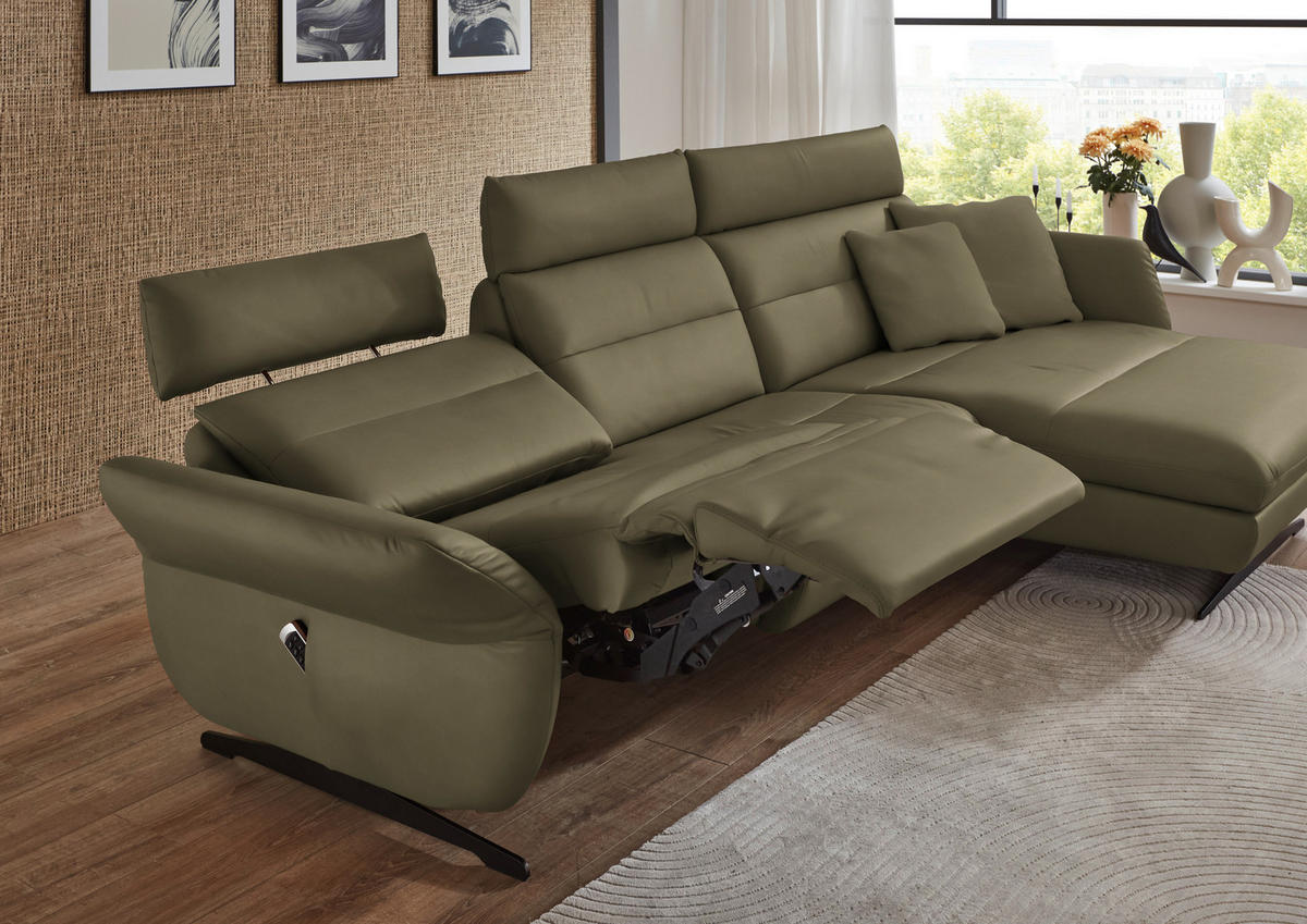 ECKSOFA in Echtleder Olivgrün  - Schwarz/Olivgrün, Design, Leder/Metall (300/157cm) - Dieter Knoll
