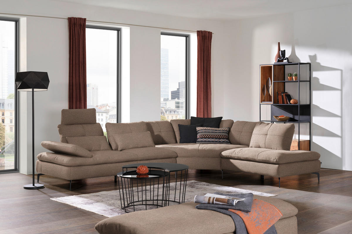 ECKSOFA in Flachgewebe Graubraun  - Graubraun/Schwarz, Design, Textil/Metall (344/271cm) - Chilliano