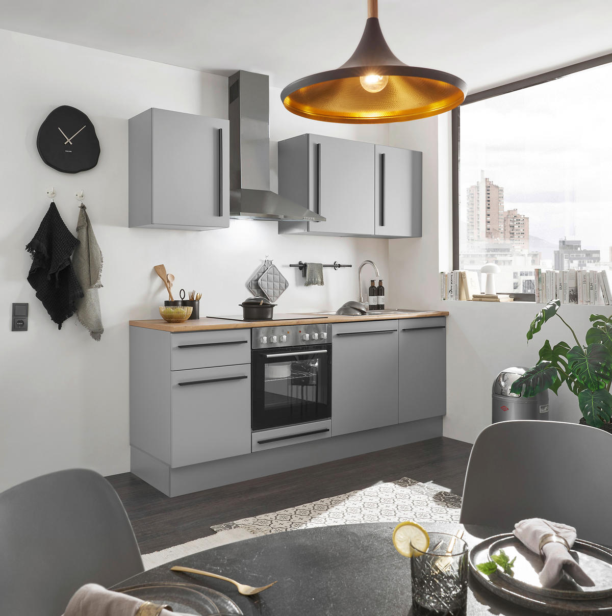 KUHINJSKI BLOK BREZ APARATOV - siva/črna, Design, umetna masa/leseni material (220cm) - MID.YOU