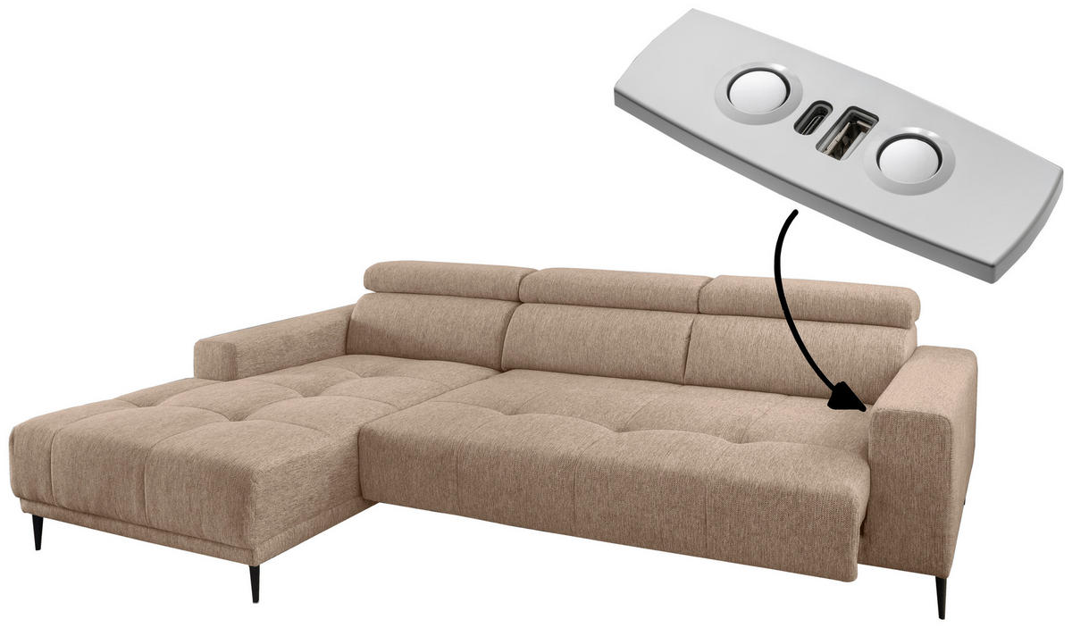 ECKSOFA Hellbraun Chenille  - Hellbraun/Schwarz, KONVENTIONELL, Textil/Metall (188/276cm) - Livetastic