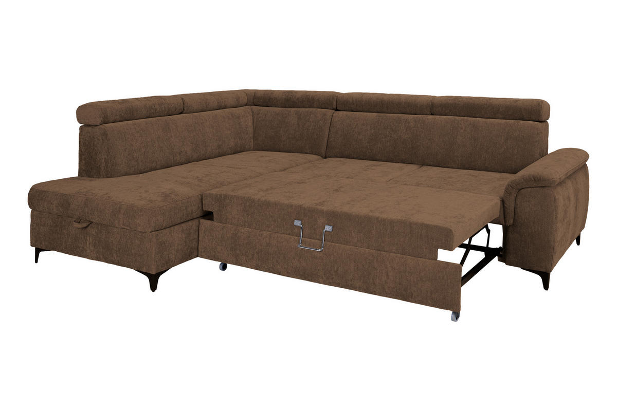 ECKSOFA Braun Chenille Bettkasten, Schlaffunktion, Rücken echt, Kopfteilverstellung, Liegefläche im Originalstoff  - Schwarz/Braun, KONVENTIONELL, Textil/Metall (206/265cm) - Carryhome
