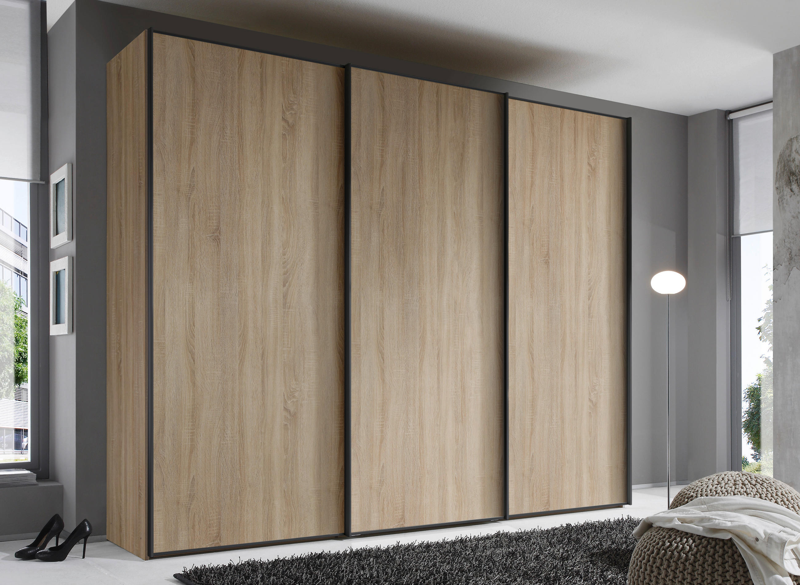 SCHWEBETÜRENSCHRANK in Sonoma Eiche  - Graphitfarben/Sonoma Eiche, Design, Holzwerkstoff/Metall (249/240/68cm) - Moderano