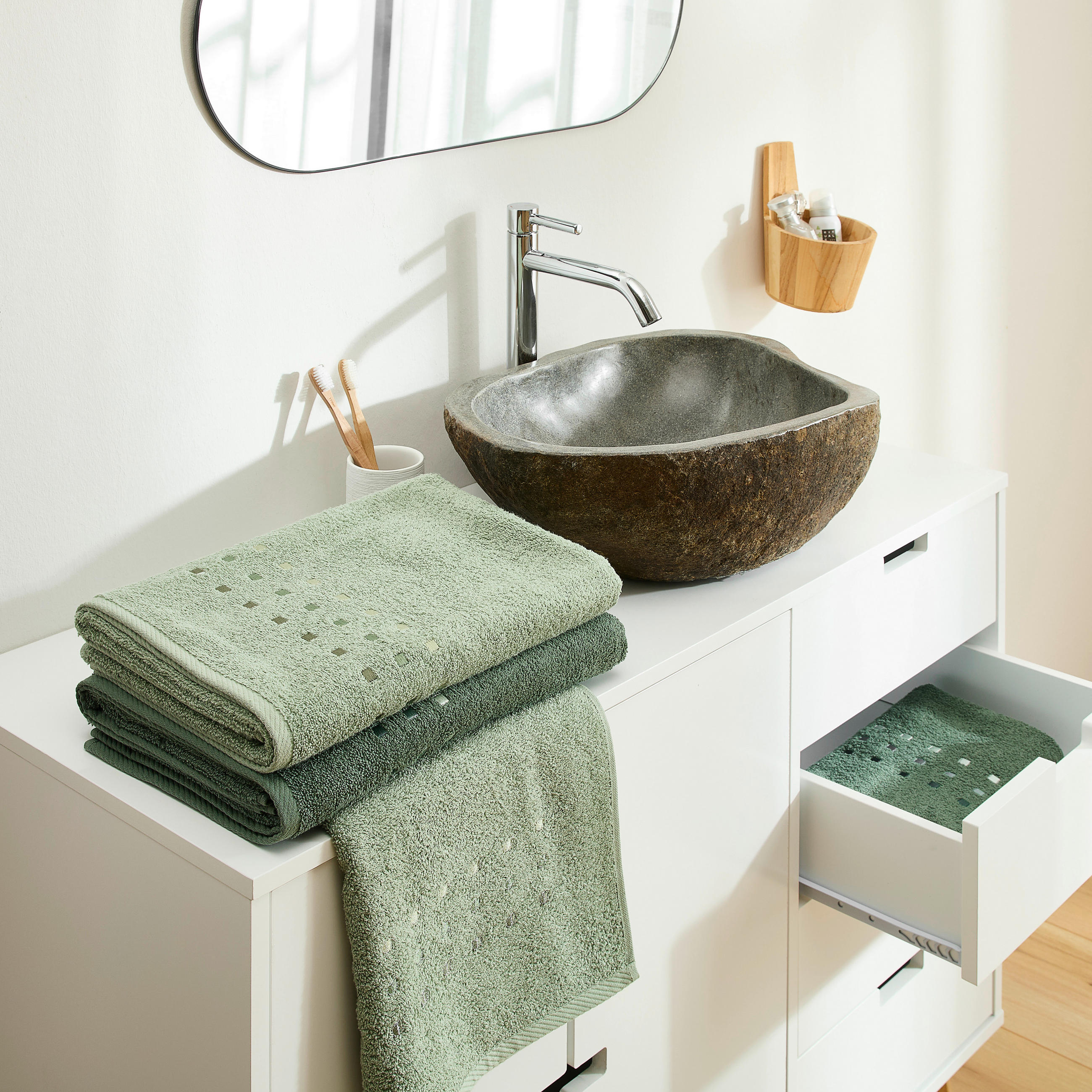 FROTTIERSET Dunkelgrün, Salbeigrün 4-teilig  - Dunkelgrün/Salbeigrün, Textil (50/100cm) - Esposa