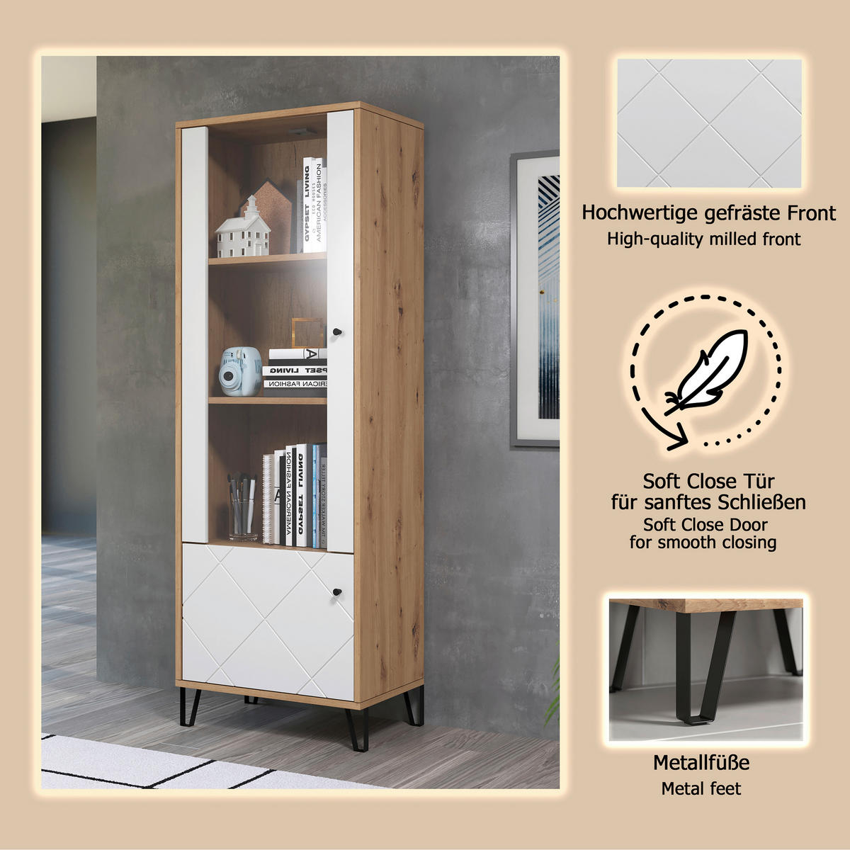 VITRINE TOUCH in Eiche Artisan, Weiß  - Schwarz/Weiß, Design, Glas/Holzwerkstoff (63/40/172cm) - MID.YOU